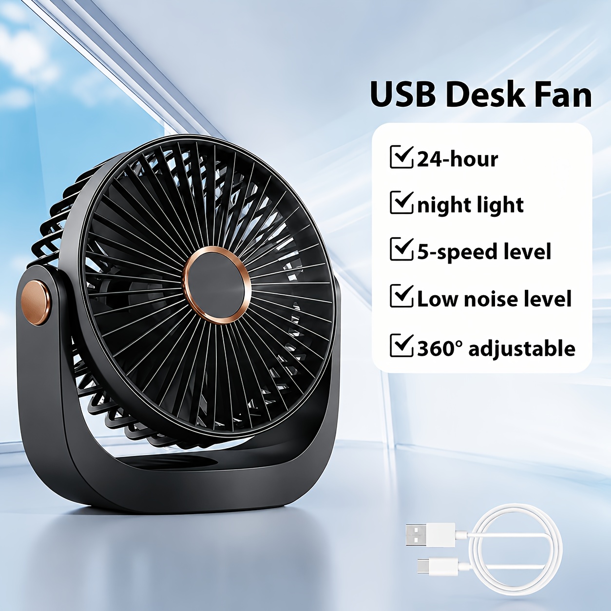 TEMU Portable Fan, Powerful Yet Quiet 5-speed With 360° Adjustable , Usb Rechargeable With Ambient Led Light For