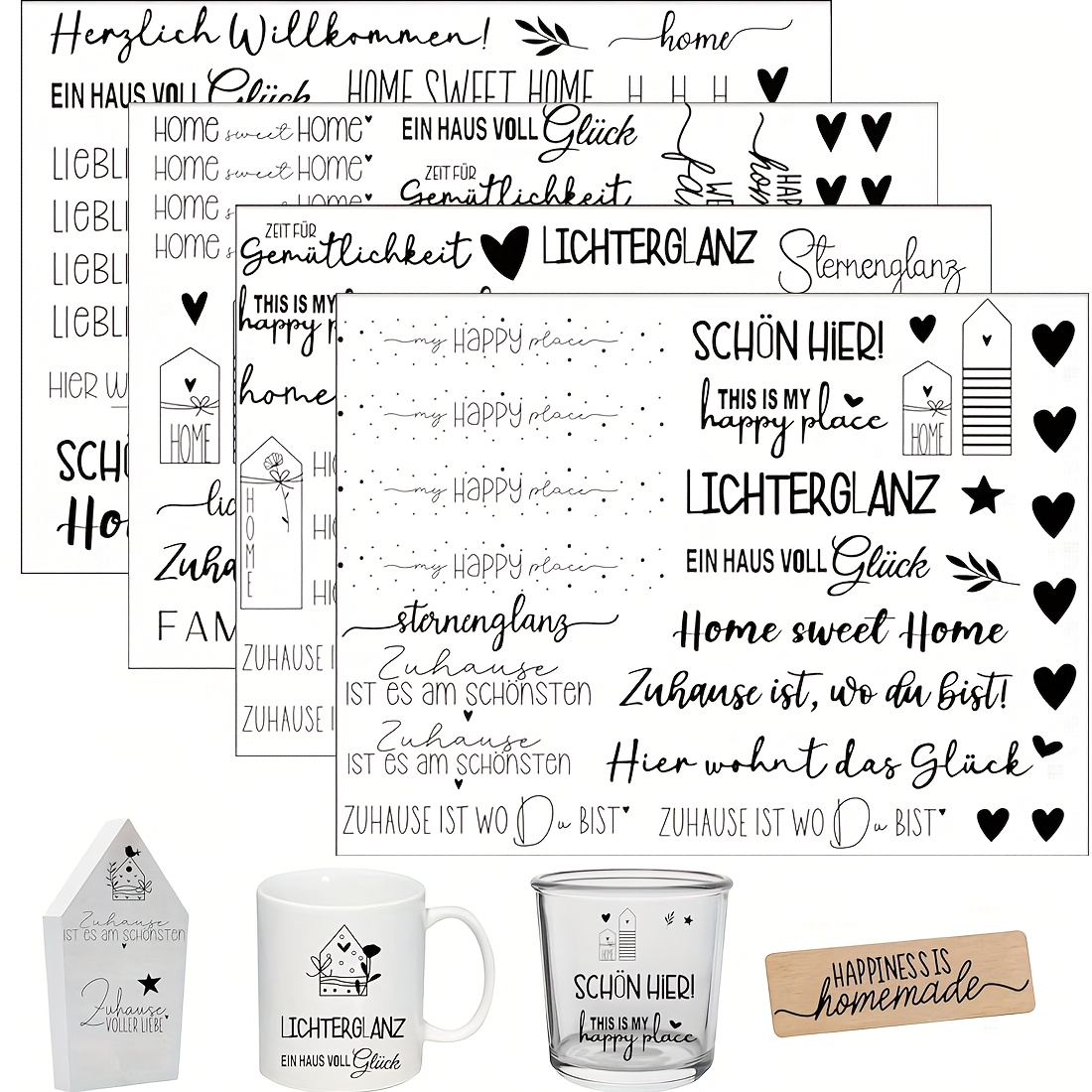 Image of 4 Sheets Of German "happy " Themed Transparent Stickers, Art Stickers, Suitable For Furniture, Glass, Ceramic Crafts, Large Size 19cm X 14cm