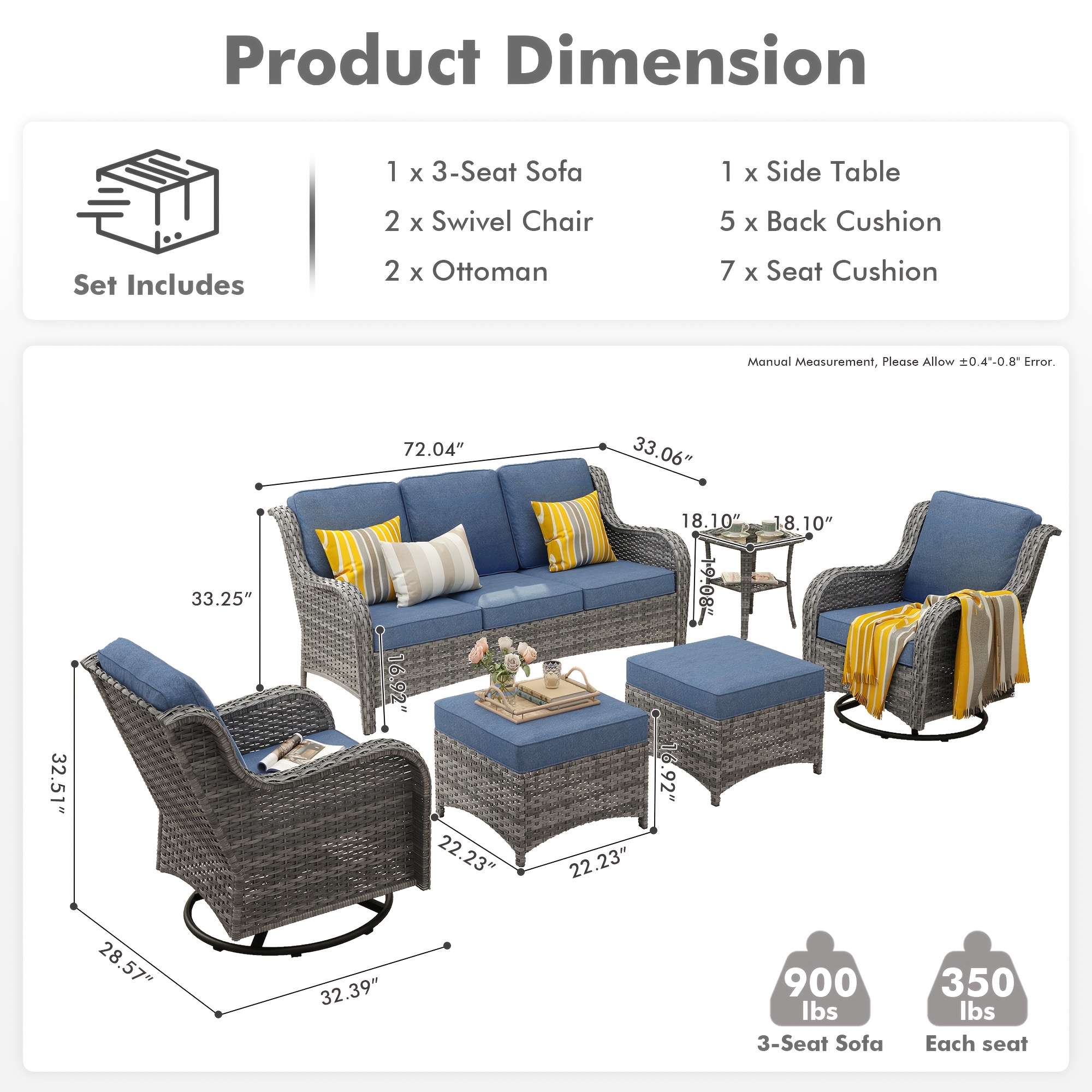 6pcs Outdoor Patio Furniture Set with Swivel Rocking Chairs, High Back Outdoor Sectional Sofa Sets with Side Table - Handwoven Rattan Outside Seating Sofa, Weather-Resistant Couch for Garden/Deck/Backyard/Decor