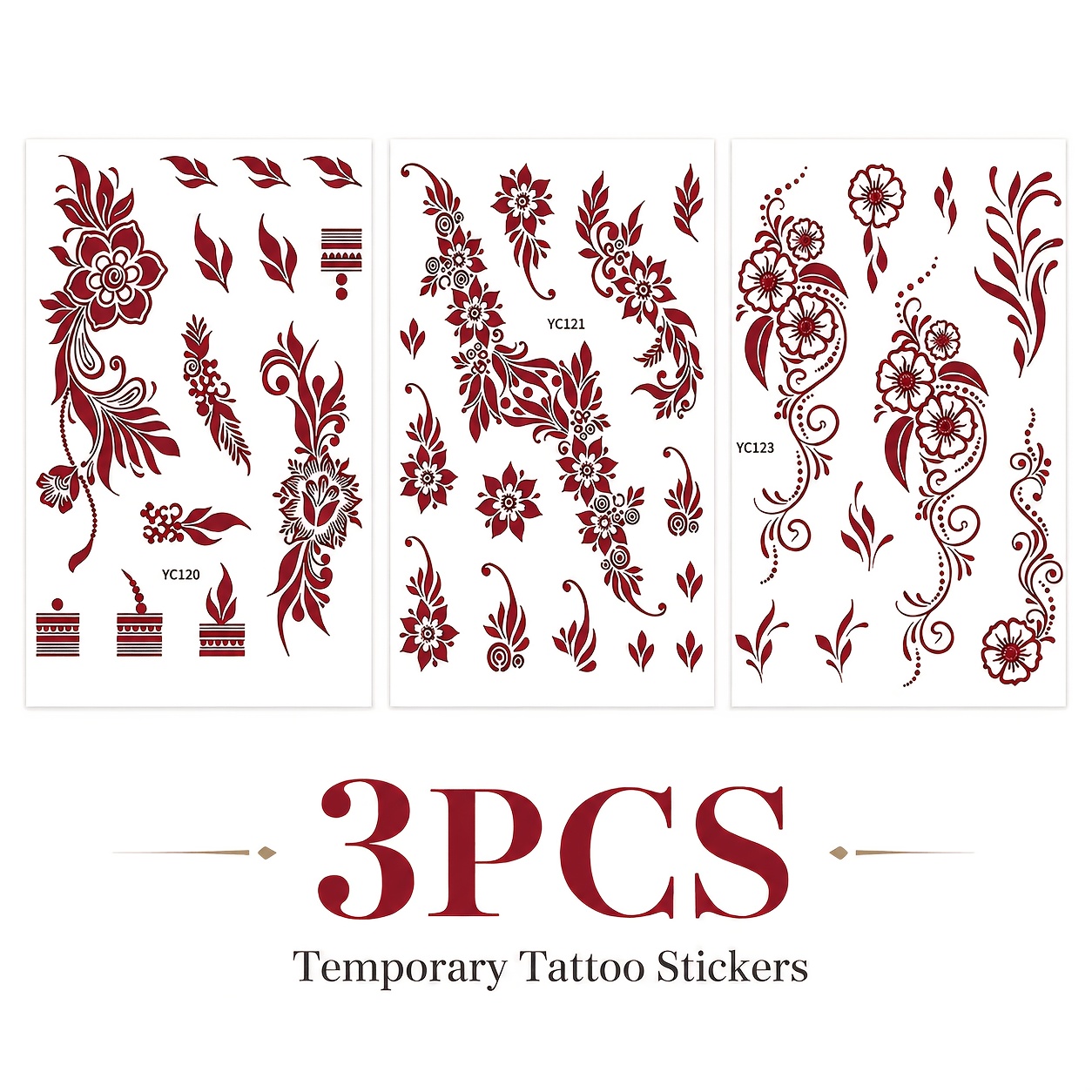 TEMU 3pcs Floral Temporary Tattoo Stickers, Boho Botanical Body Art Decals, Leaf Pattern Designs For Hand Wrist Foot Ankle Arm Decoration, Romantic