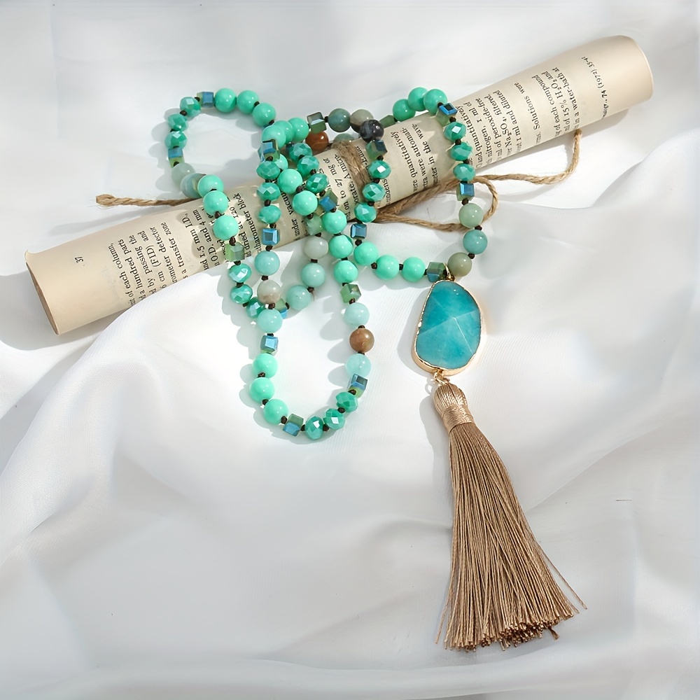 Boho Ethnic 8mm Stone Glass Knot Necklace