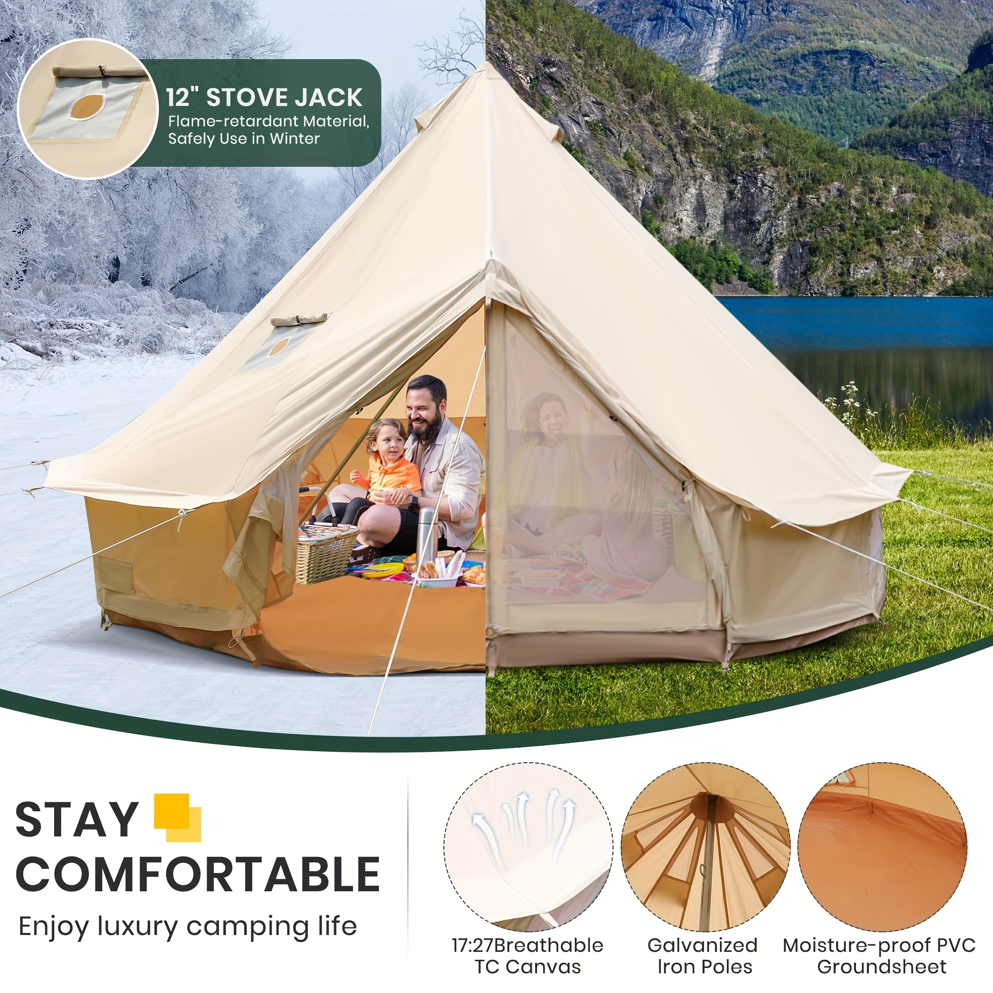 ぱっくんCamping with Soul BELL TENT 450 KFFKFF Canvas Bell Tent 6m/19.68ft 4-Season Camping Yurt