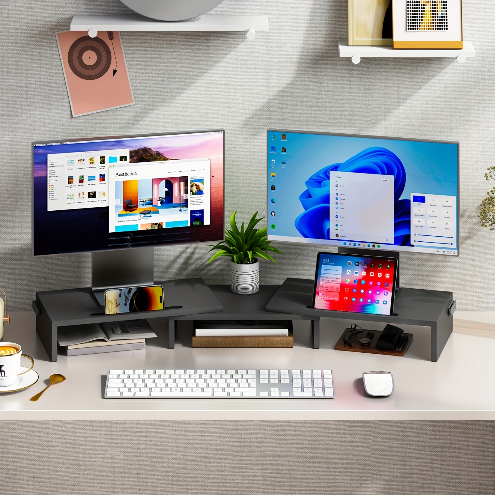 monitor stand dual screens height adjustable wooden desk