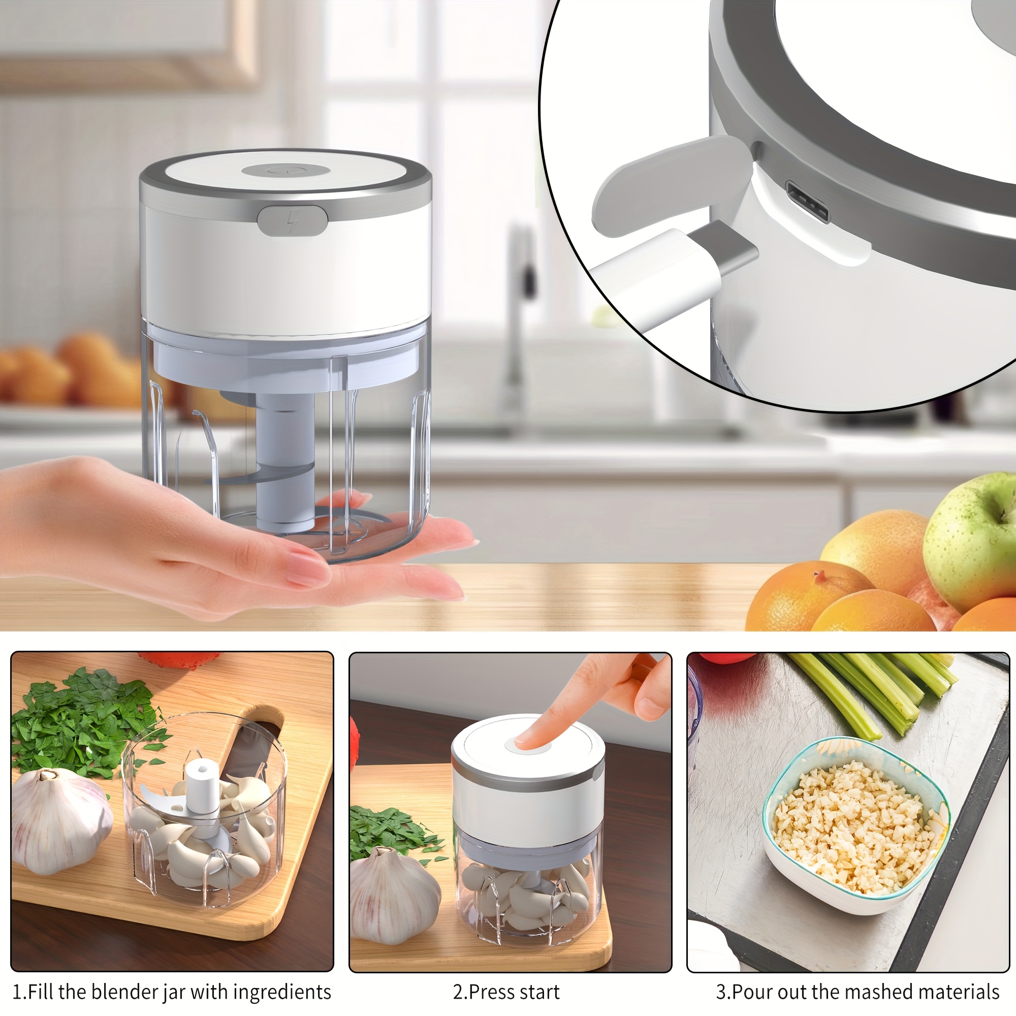8 45oz automatic electric garlic masher meat grinder multifunctional kitchen food processor with rechargeable battery portable for meat grinding stuffing and   preparation modern kitchen gadget durable plastic body garlic press Product details 2