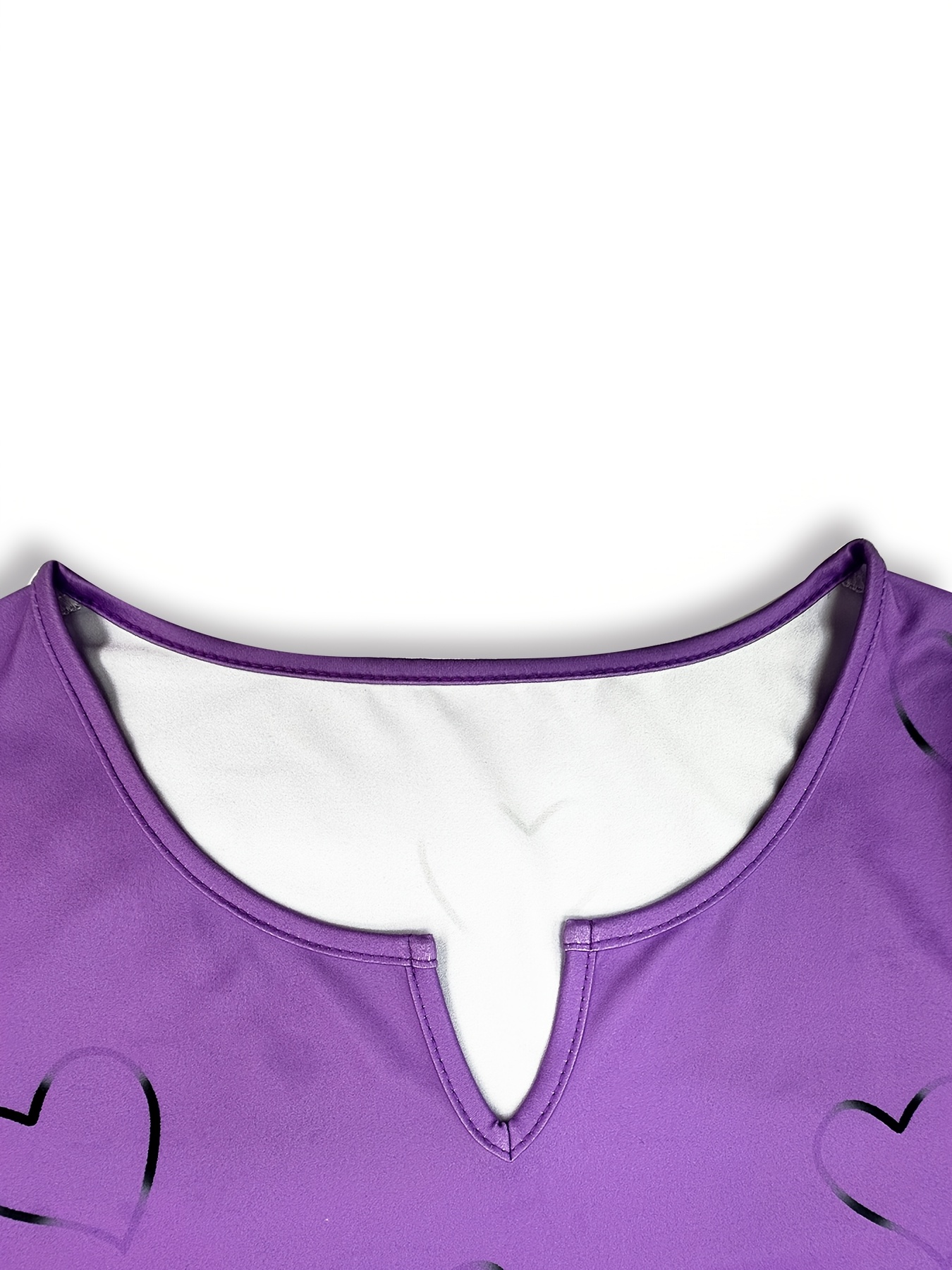 Damens Casual V-Ausschnitt Langarm Bluse mit Herzdruck - Weiche Lila Polyester-Oberteil mit Herzmuster,   für Freizeitkleidung, Ganzjahres-Top | V-Ausschnitt Bluse | Polyesterstoff
