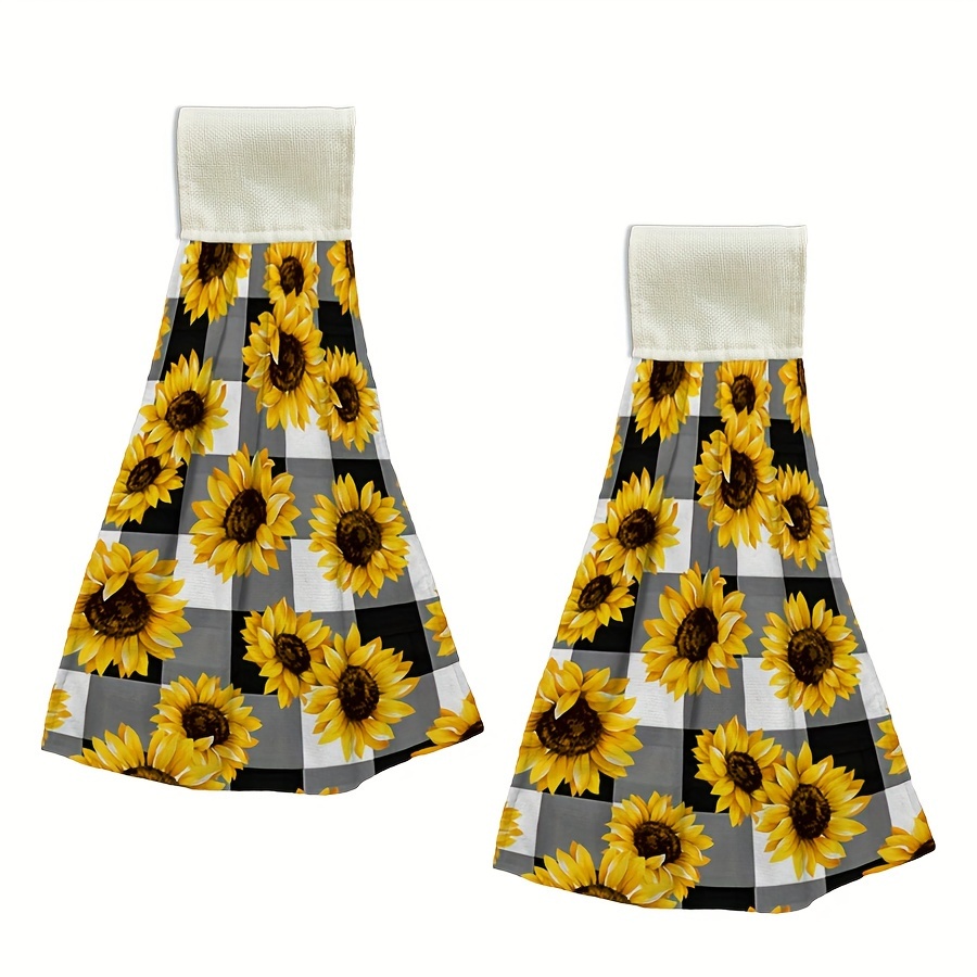 

2-pack Modern Sunflower Pattern Tie Towels, Black & White , Hand Washable, Knit Fabric, Polyester & Microfiber , Hanging Loop, Decorative Dish Cloths For Kitchen & Home Use