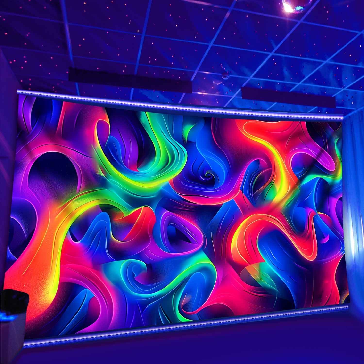 Image of A Large-sized Fluorescent Tapestry With Colorful Wave Patterns, Suitable For Home Decoration In Living Rooms Or Dorms, No Installation Required ( Shows Effects In Fluorescent And )