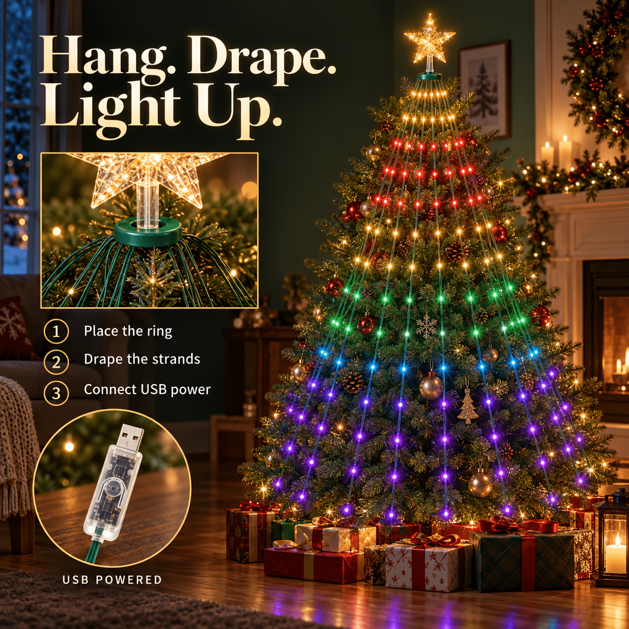 TEMU Drape-on Rgb Christmas Tree Lights With Star Topper, No Winding Installation, App & Remote , 10 Lighting Effects, Million Colors, Music Sync &