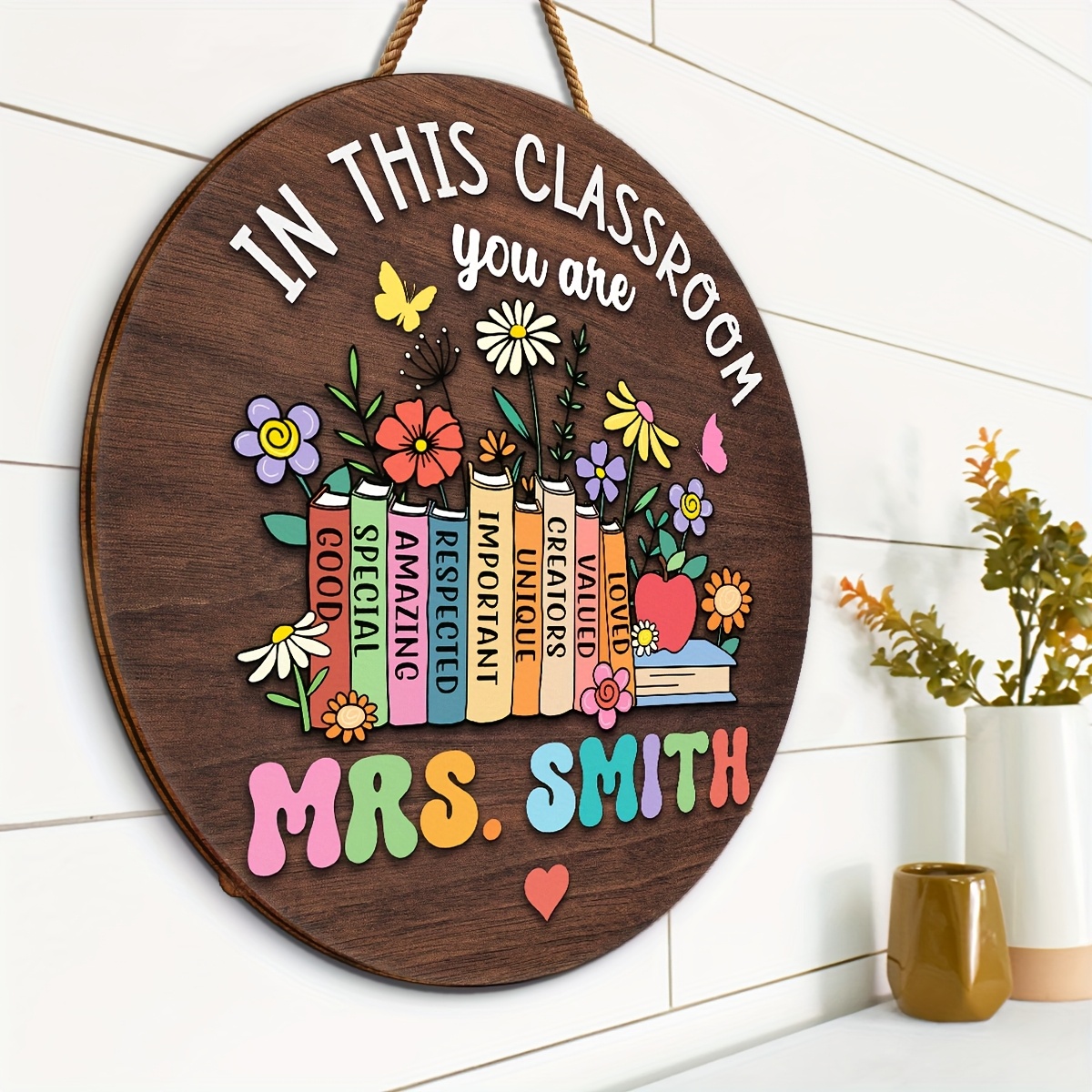 personalized teacher classroom door decoration custom name wooden mat with books flowers hearts teacher appreciation housewarming back to school gift   rope recycled wood for home or classroom decor no electricity needed in this classroom decor heart motif decoration