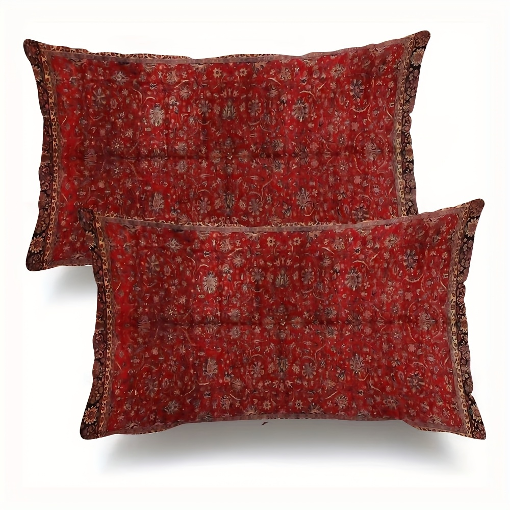 TEMU 2pcs Super Soft Short Plush Throw Pillows - Vintage Red Floral Carpet Design, Double-sided Printed 12x20 Inch, Machine Washable Zipper Closure,