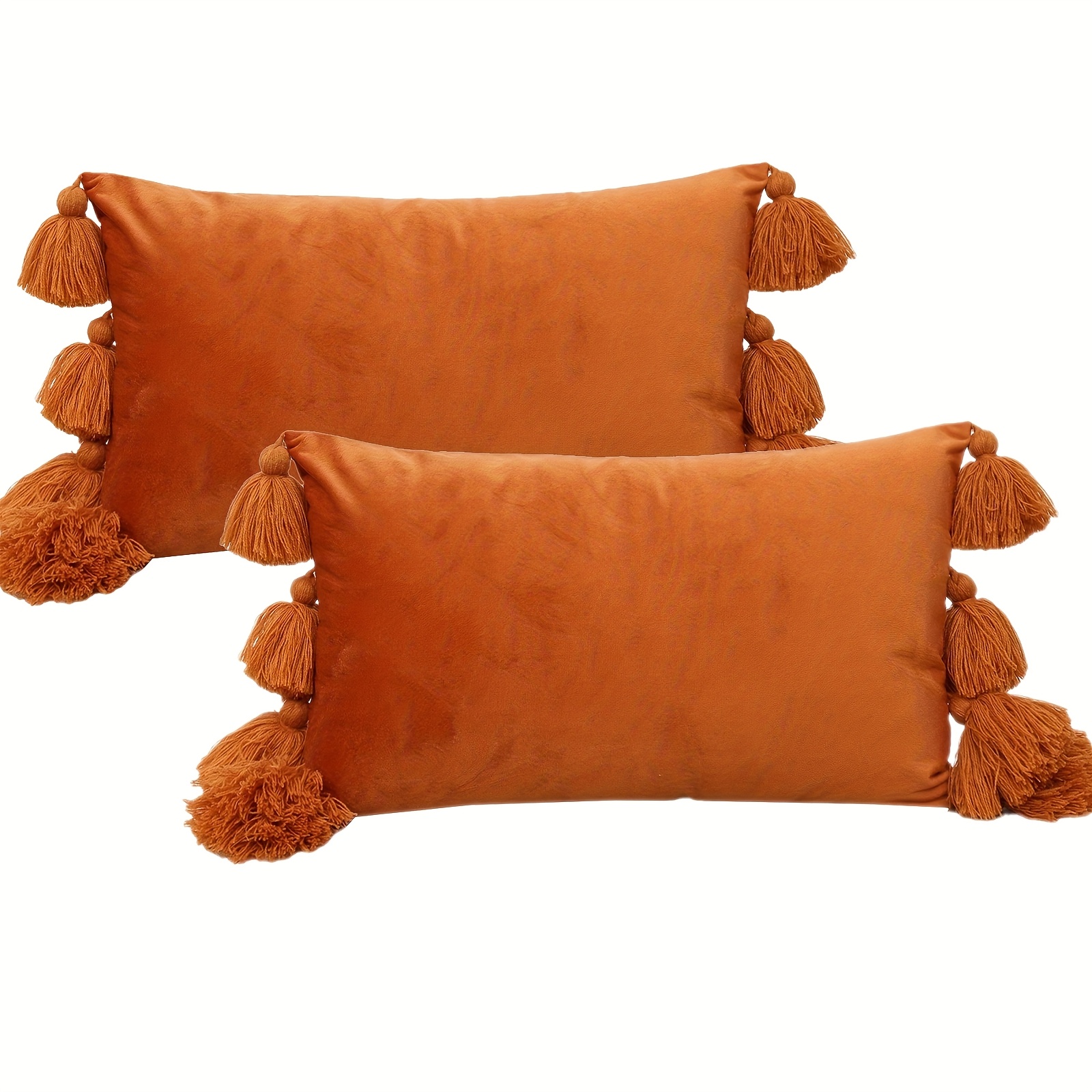 TEMU 2pcs, Soft Velvet Throw Pillow Covers Decorative Pillow Cases With Invisible Zipper, Solid Boho Cushion Covers With Tassel Trims For Living Room