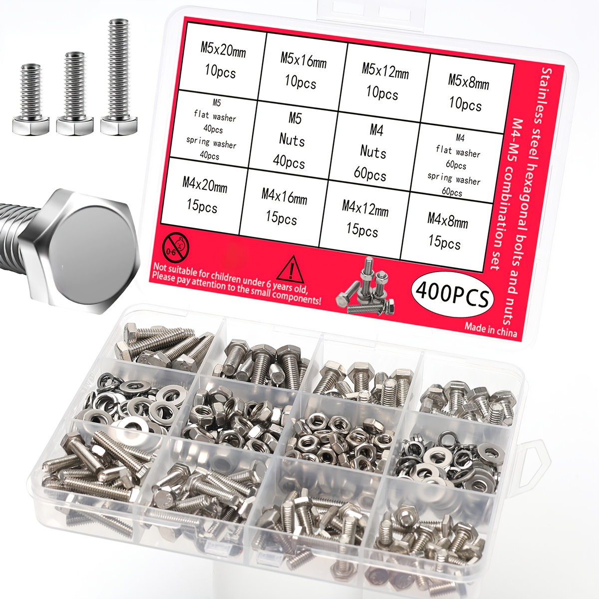TEMU 400pcs Stainless Steel Hex Head Kit With Nuts, Washers, And Spring Washers - Din933 8.8/10.9 Grade, M4-m5 , A2/a4 Marine Grade, Metric Coarse