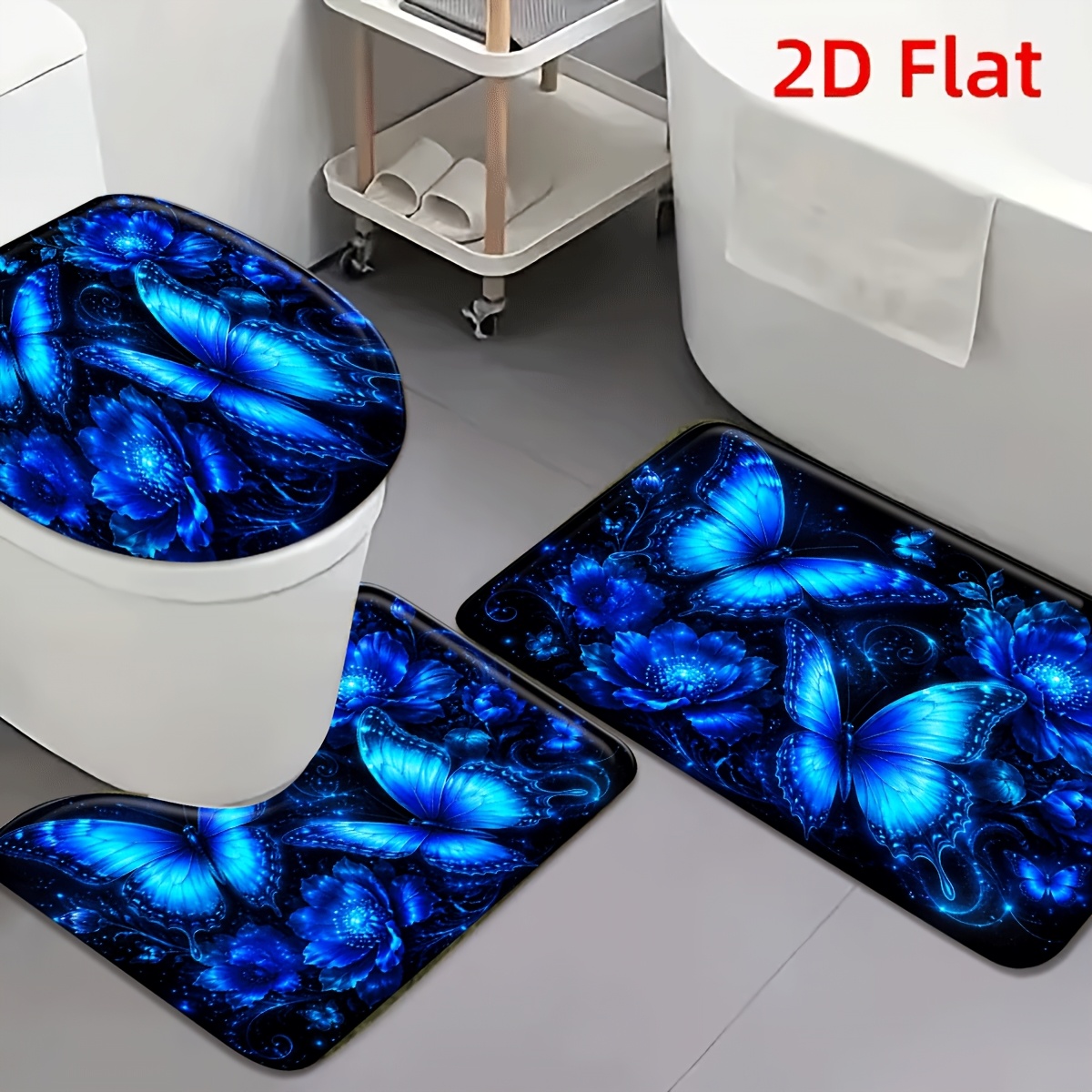 TEMU 2d Flat 3pcs Luminous Blue And Floral Flannel Non-slip Toilet Mat Set Decor For Bathroom, Entryway, Bedroom, Living Room; Effect