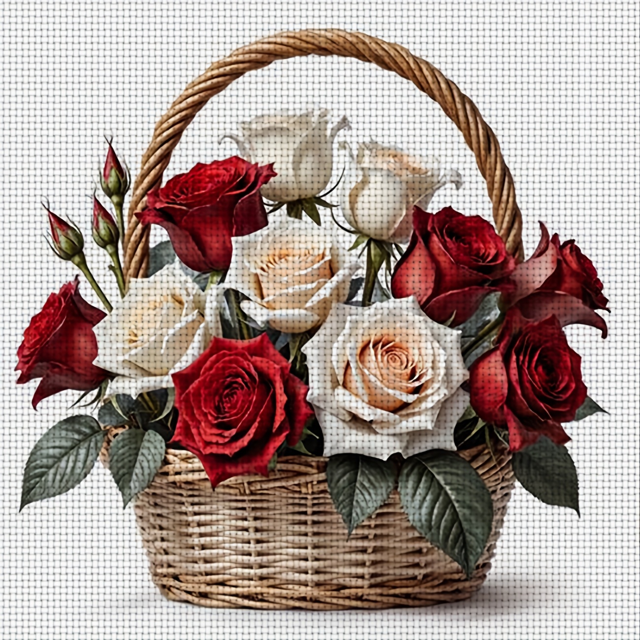 TEMU 1pc Printed Diy Stitch Kit, Frameless, "red And White Roses In A Basket" Pattern, Beginners' Relaxing Craft Time, Allows You To Experience The