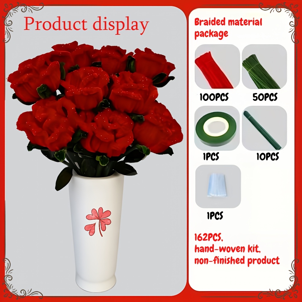 Image of 162pcs Thread Material Pack, Red Rose Stick Mop Strip Bouquet Set, Soft Chenille Rod, Upgraded Craft Kit Suitable For Mother's Day, Graduation Ceremony, Home Decor And Holiday Gifts