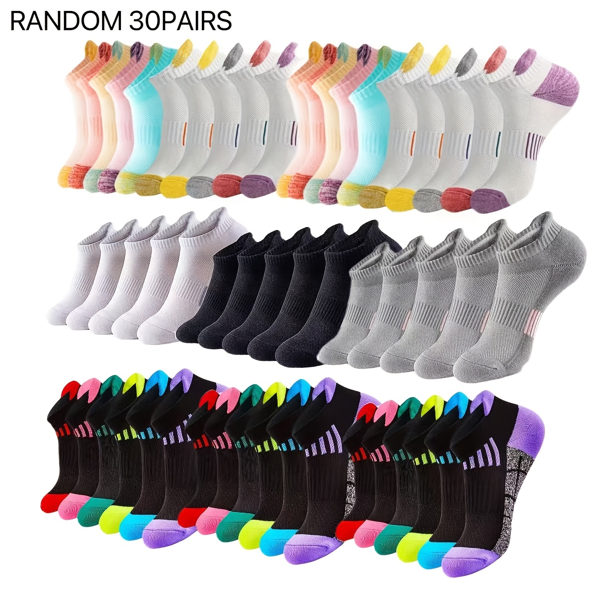 Image of 30 Pairs/40 Pairs/50 Pairs Random Color Unisex Short Socks, Ankle-length Thin Sports Casual Running Socks For