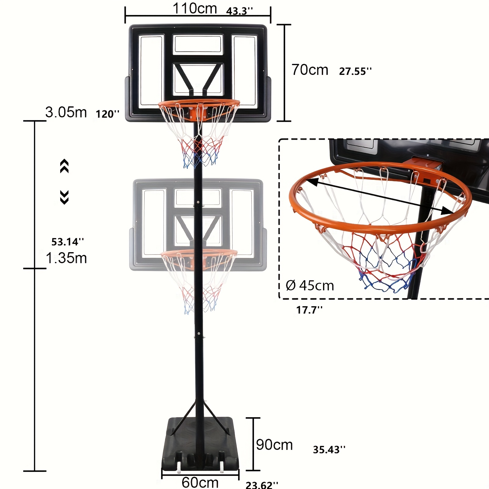 Basketball Hoop Basketball Stand With Wheels Basketball System Including Basketball & Pump, Height Adjustable 230 To 305cm Basket System, For Adults, , Athletes, Black