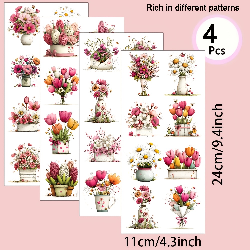 TEMU 4 Bögen/Set bunte florale UV-Transferfolie mit Frühlingsmotiven - Geeignet für Bastelarbeiten, Tassen, Laptops und Wasserflaschen,