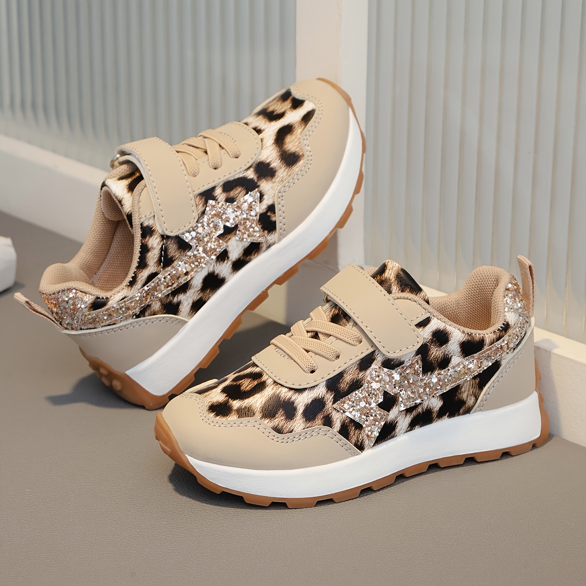 Image of Kids' Sports Shoes | Leopard Print With Sequins, Fastener, Upper, Pvc Sole | Suitable For Boys And Girls, , Casual And Outdoor Wear