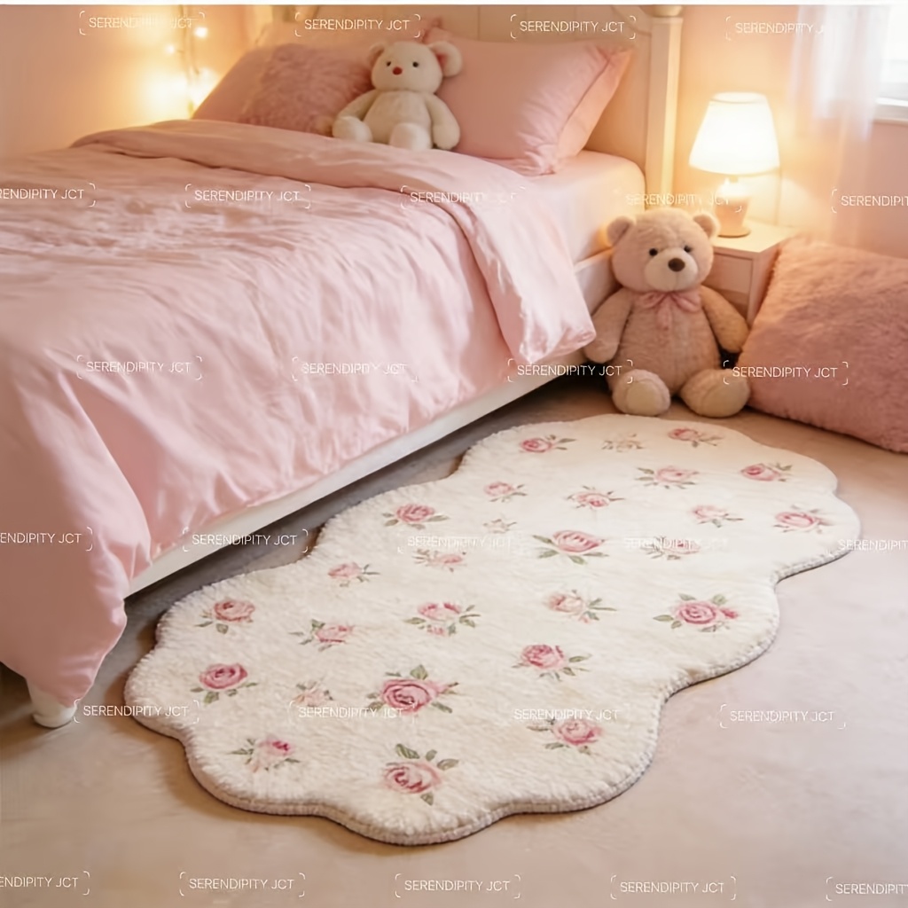 TEMU Faux Imitation Cashmere 900g 1pc Floral Scatter Bedside Plush Rug, Cream-colored Bedroom Decor Runner Rug, Ins-style Living Room Bay Window