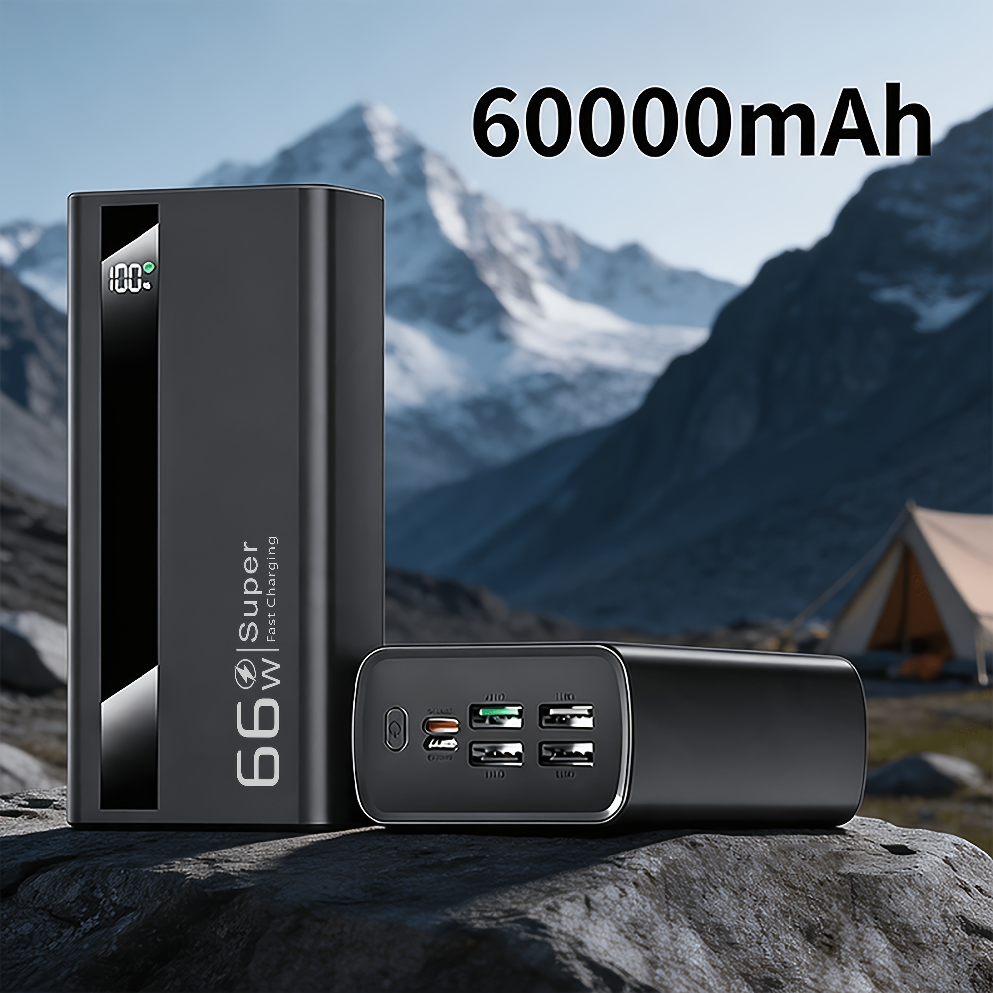 Image of 60000mah Portable Power Bank, 66w Charging Total Output, Usb & Type-c Fast Charging External Battery Pack, Display, Large Capacity Outdoor Emergency Power Supply For Camping, Travel And Emergency Use
