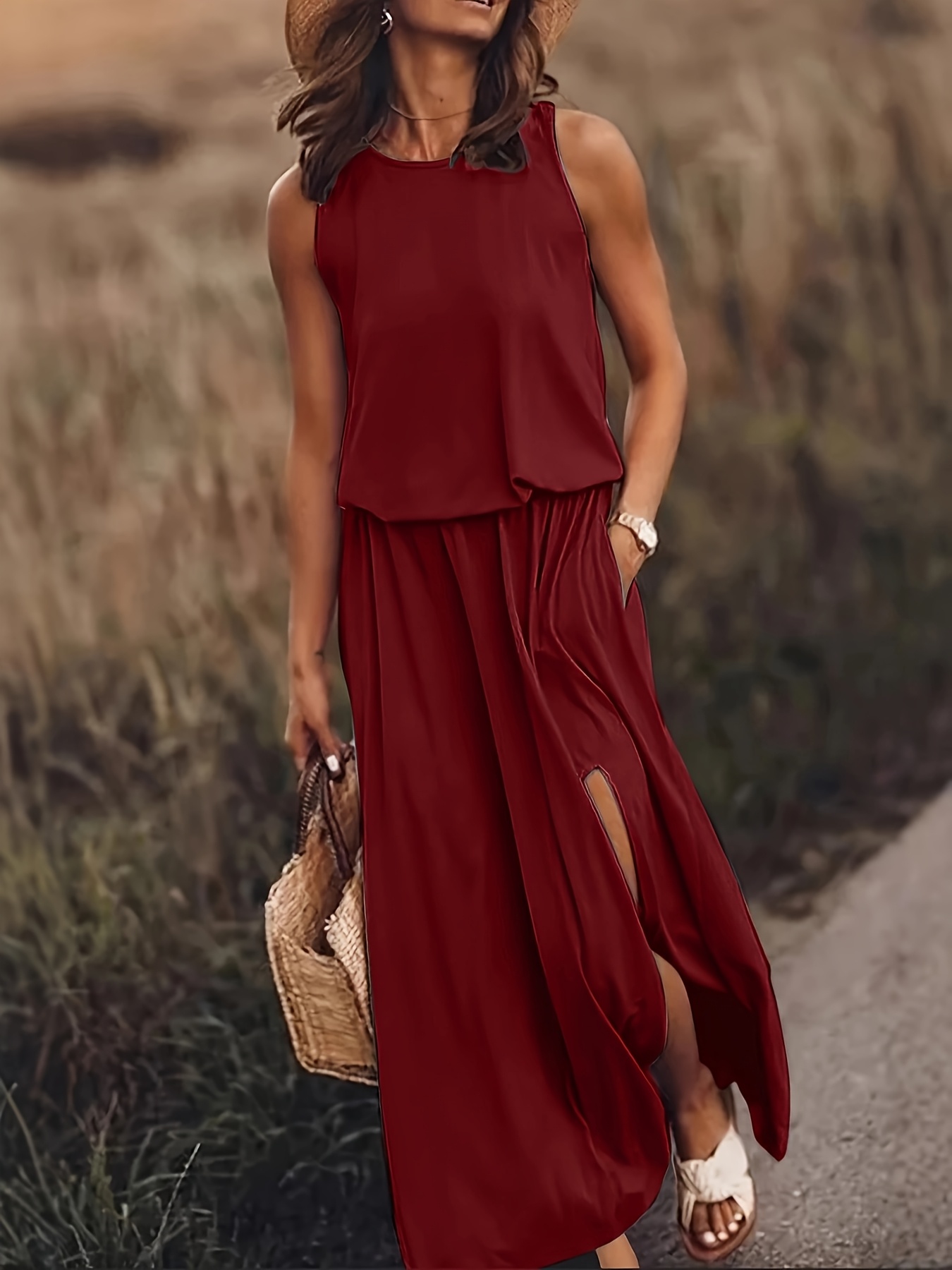 womens elegant sleeveless midi dress solid color black loose fit stretchy with side   round neck casual to semi formal   machine washable dress summer outfit twist front design flowy fabric details 0