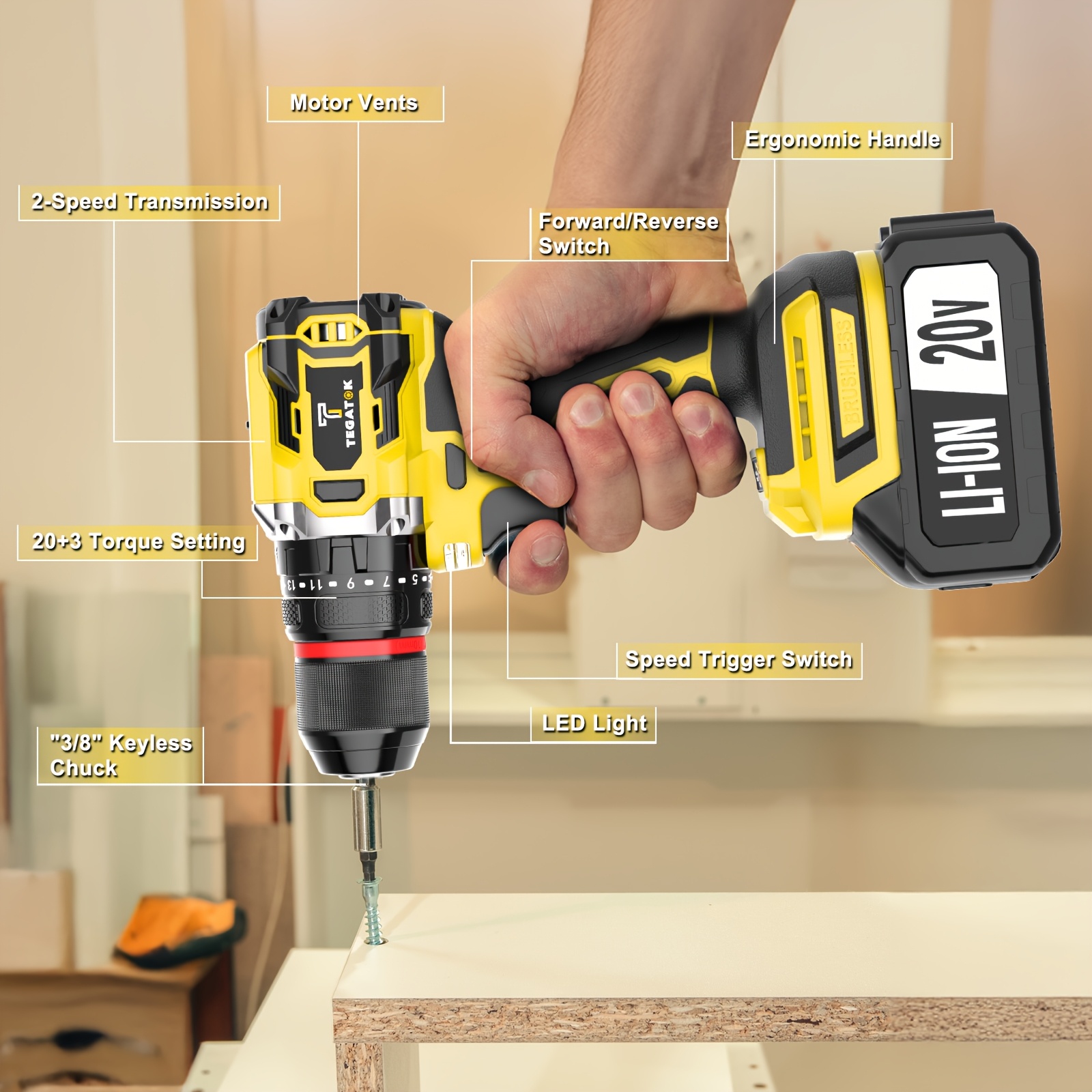 All-in-One 20V Brushless Power Tool Kit For Home - 4 Cordless Tools With 3 Batteries, Impact Wrench & Hammer Drill, Angle Grinder, Electric Drill, Combo For Renovation