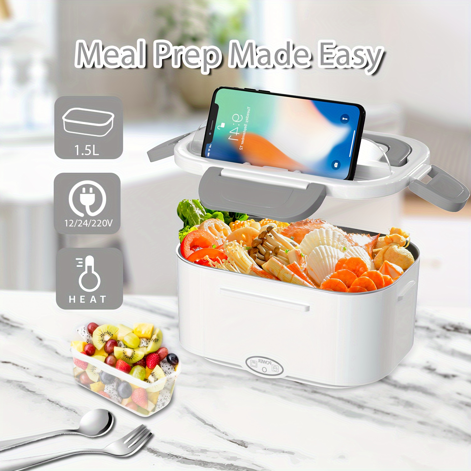 

1.5l White Gray Electric Heated Lunch Box For Office, 60wtruck Car With Gray Insulated Bag And Cutlery Set, Lunch Heated Lunch Box