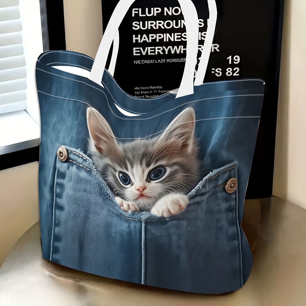 TEMU 1pc Women's Kitten Pocket Handbag - Multi-functional Single-shoulder Bag With -themed Storage Pocket, Lightweight Spacious Hemp Clutch Suitable