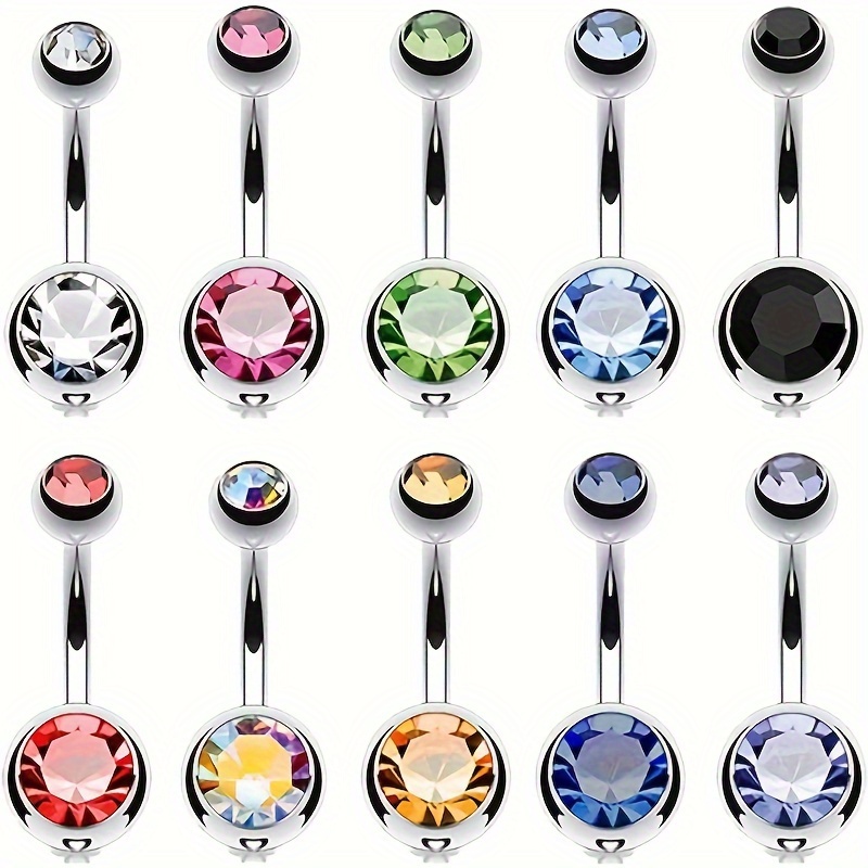 

10pc Belly Button Rings Set, 0.49oz Sexy Surgical Stainless Steel Navel Barbell Studs With Colorful Rhinestone, Assorted Colors For Women Body Piercing Faux Jewelry
