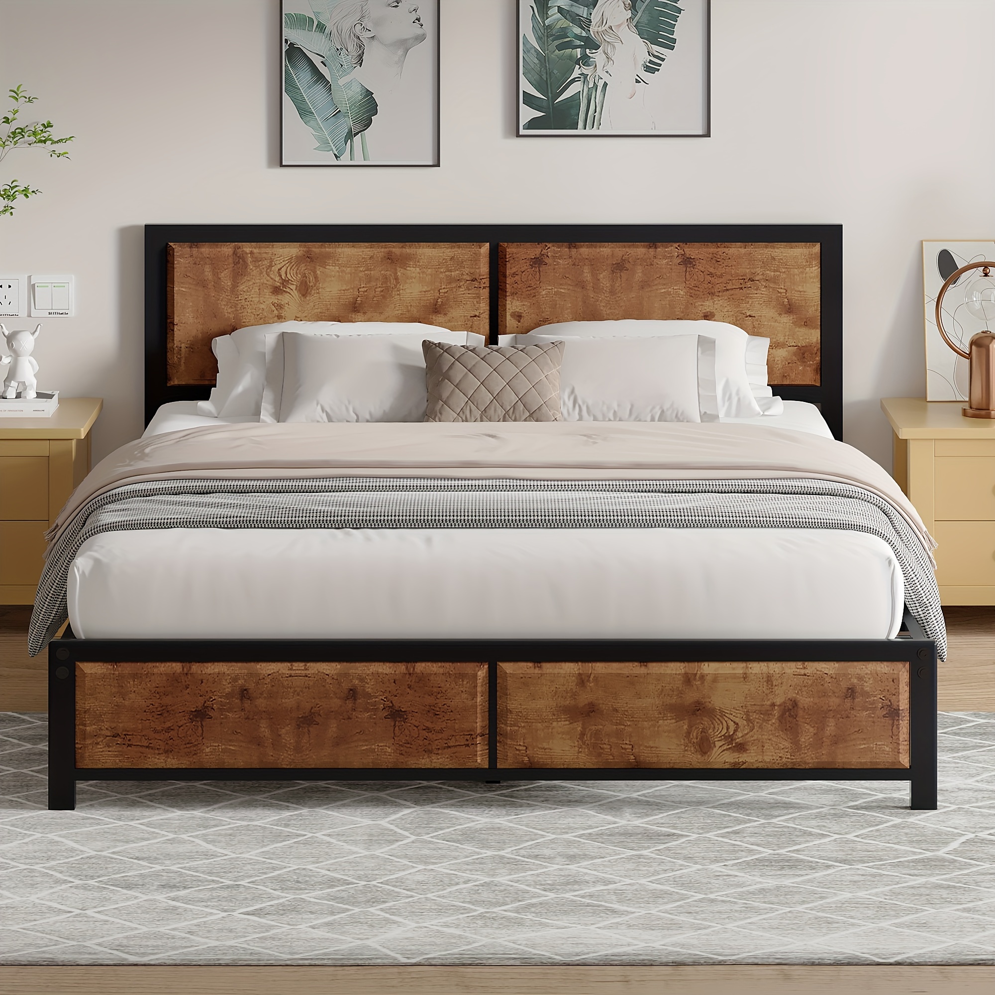 

Bed Frame With Wood Headboard Twin/full/queen Size, Metal Slats Support, Spring Needed, Easy , Brown