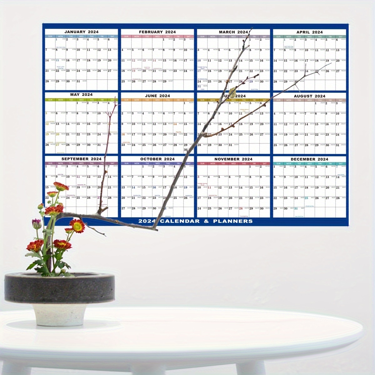Blue Flower Desk Calendar 2024 Magnetic Calendar for Fridge Wall