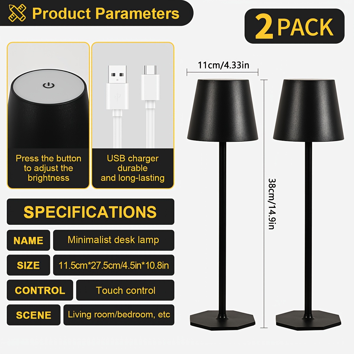 TEMU 2 Sets Of Portable Cordless Table Lamps And Night Lights, With Dimming Function And Touch Switch, Rechargeable 6000mah Battery, Suitable For