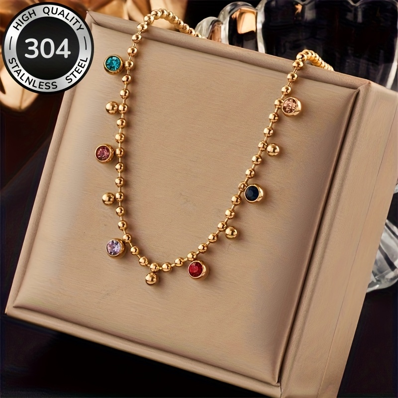 TEMU Colorful Rhinestone Pendant Golden Round Bead 304 Stainless Steel Necklace European And Niche Exquisite And Elegant Temperament Suitable For