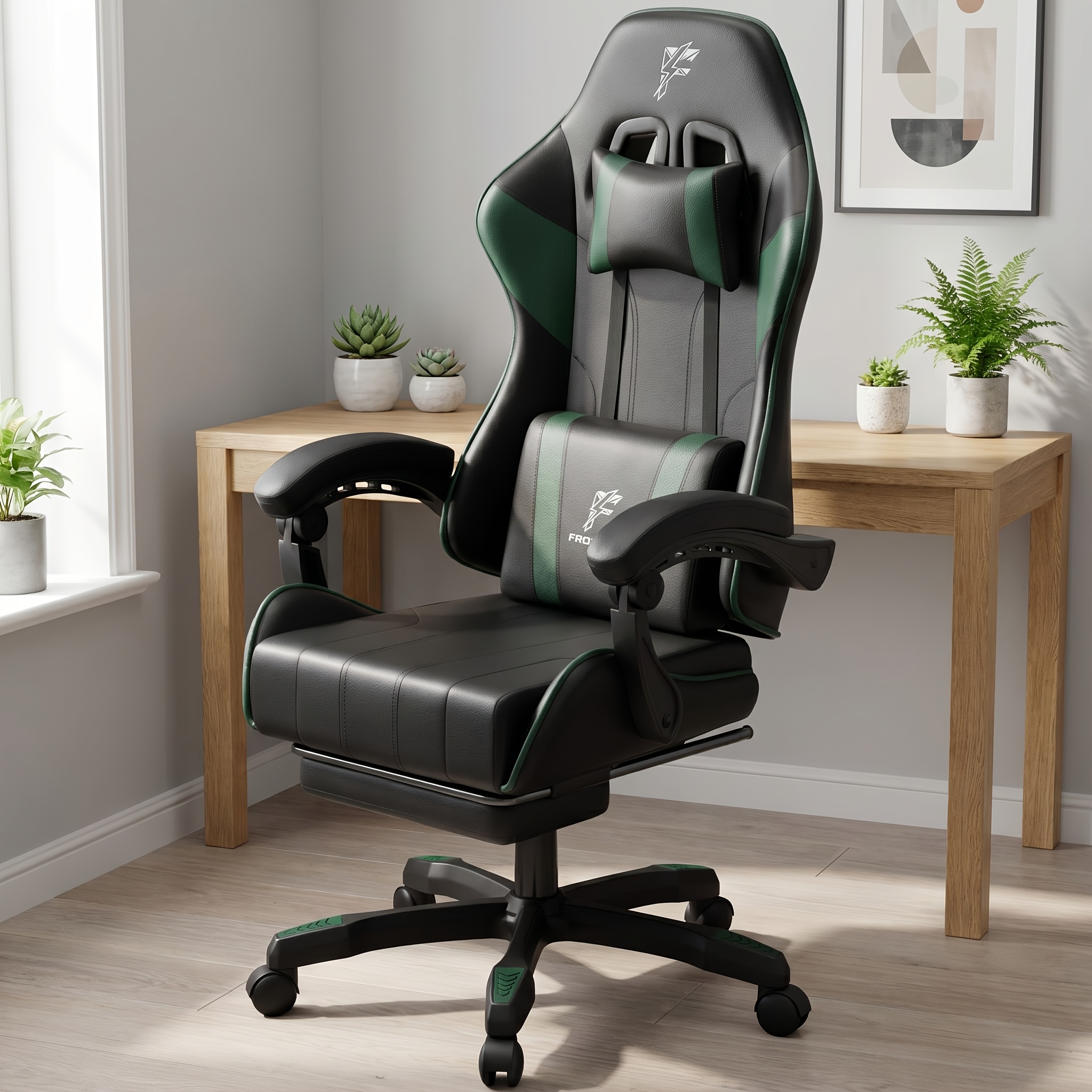 Image of Furnishia Height Adjustable Office Chair For Adults, Ergonomic Computer Desk Chair With Headrest, Lumbar Support & Retractable Footrest, Reclining Work Chair For Bedroom & Workplace