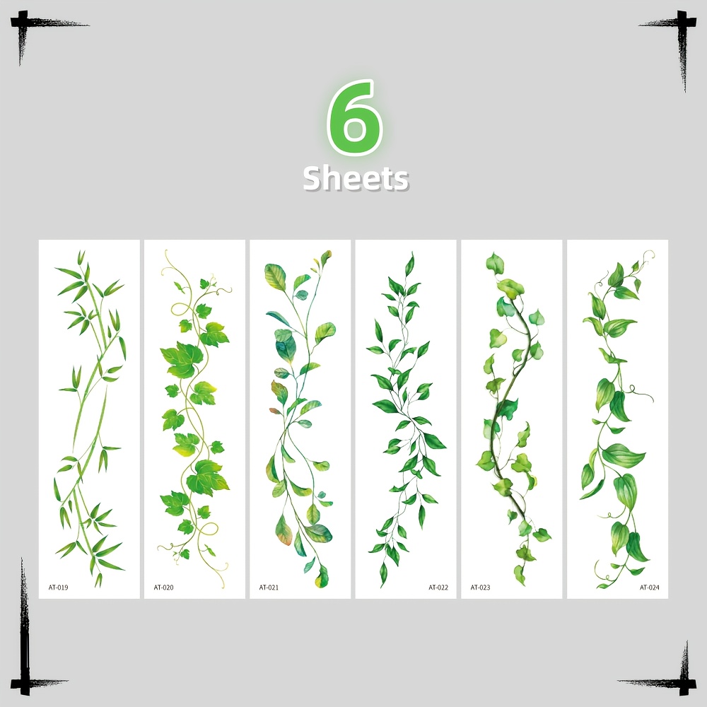Image of 6pcs Green Temporary Tattoos - Bamboo Chinese Style Wrist Wrapping Design For Women, Waterproof Fake Tattoos For Daily/party/holiday Decoration (suitable For Arm/chest/shoulder)