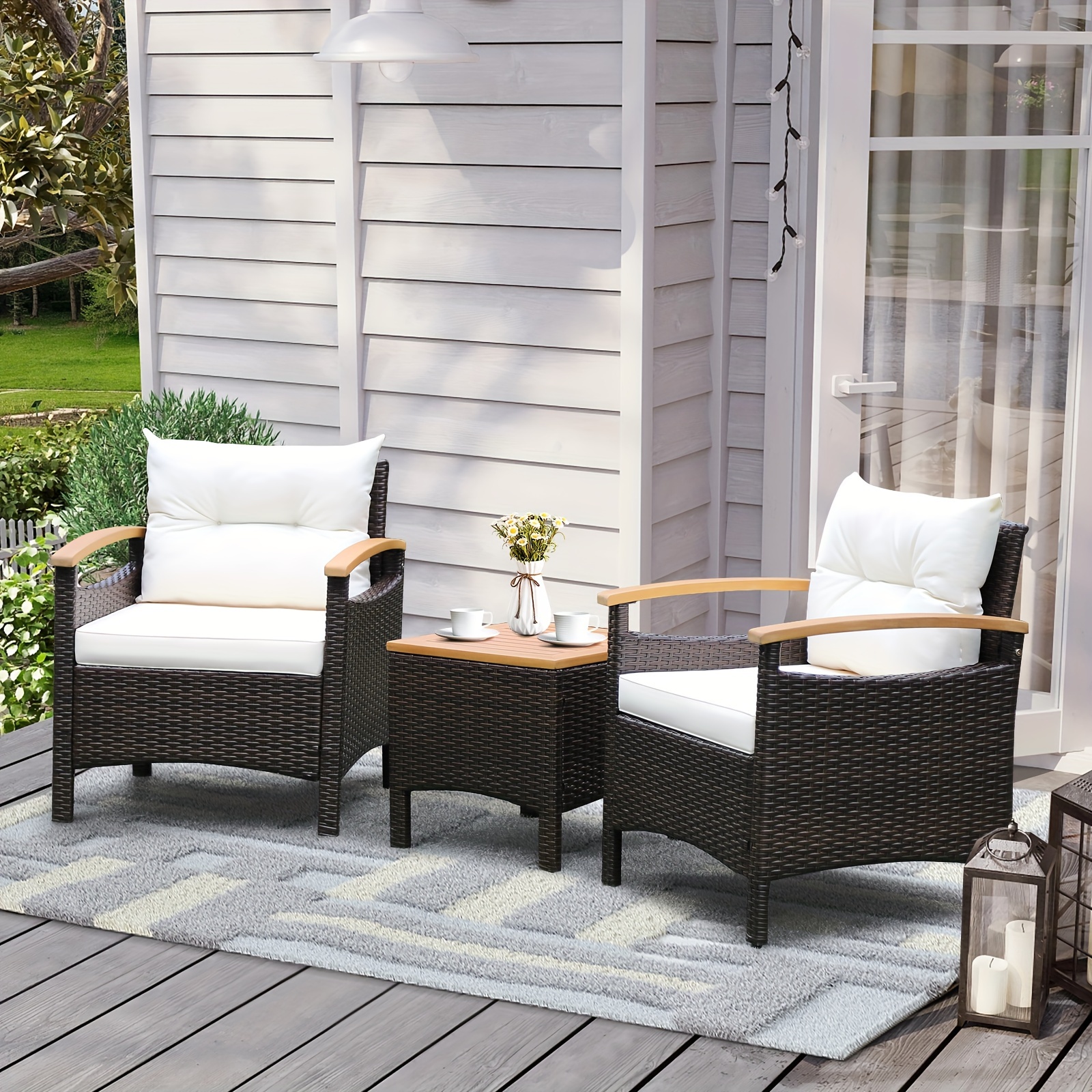 3pcs Patio Rattan Furniture Set Wooden Armrest Table Top Cushioned Deck