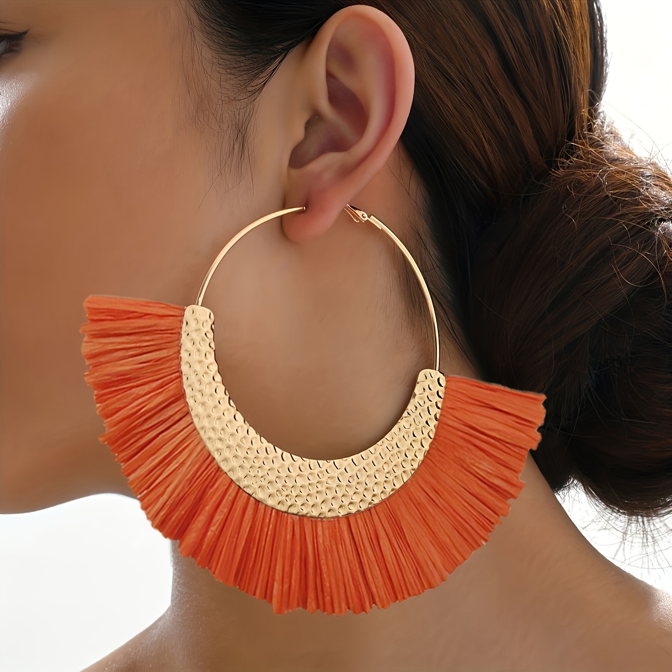 

Exaggerated Big Hoop Earrings With Orange Tassel Design Bohemian Vacation Style Personality Female Ear Accessories For Summer Party