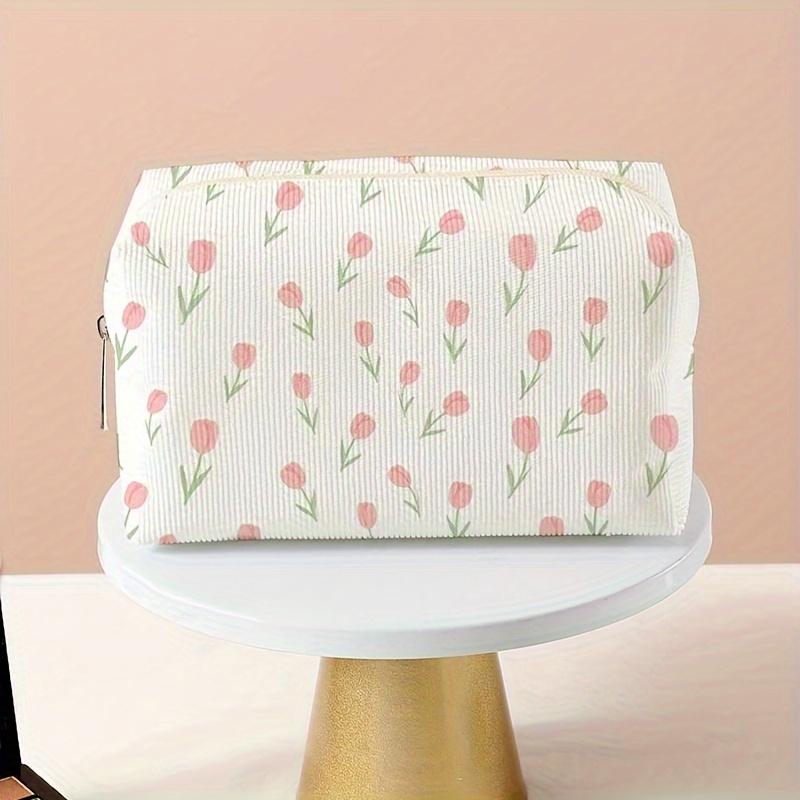 

Chic Print Corduroy Makeup Bag - Lightweight, Zippered Toiletry Organizer For Travel & Beach