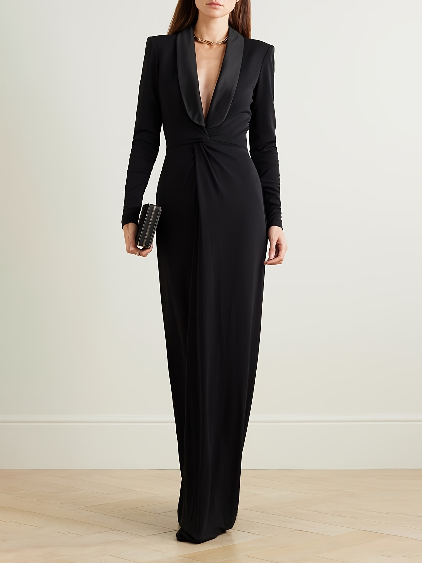 Women's Elegant Solid Black Long Sleeve V-Neck Maxi Dress with  Waist-Cinching * - Floor-Length Formal Evening Gown for Weddings * \u0026  Business Events - Machine Washable * Tuxedo Dress - Deep V-Neck ... long dresses for tall women sold on Temu United States