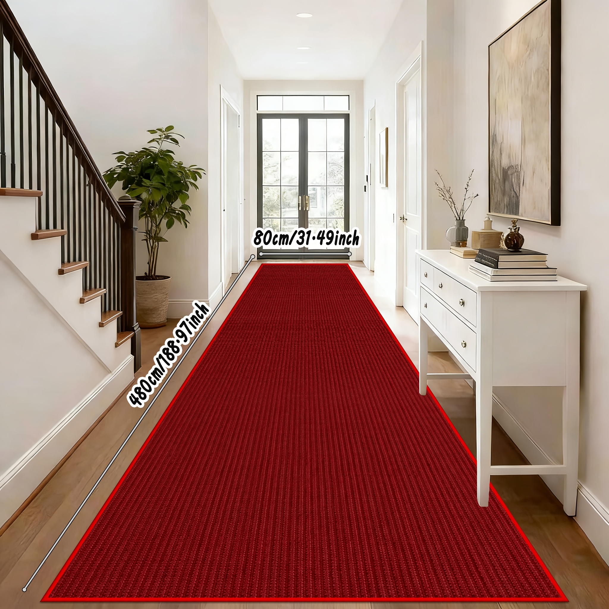 TEMU Golden Diamond Velvet Runner, 1pc, Wine Red Minimalist Solid Color Striped Long Hallway Carpet, Non-slip Backing With Durable Edging, Washable