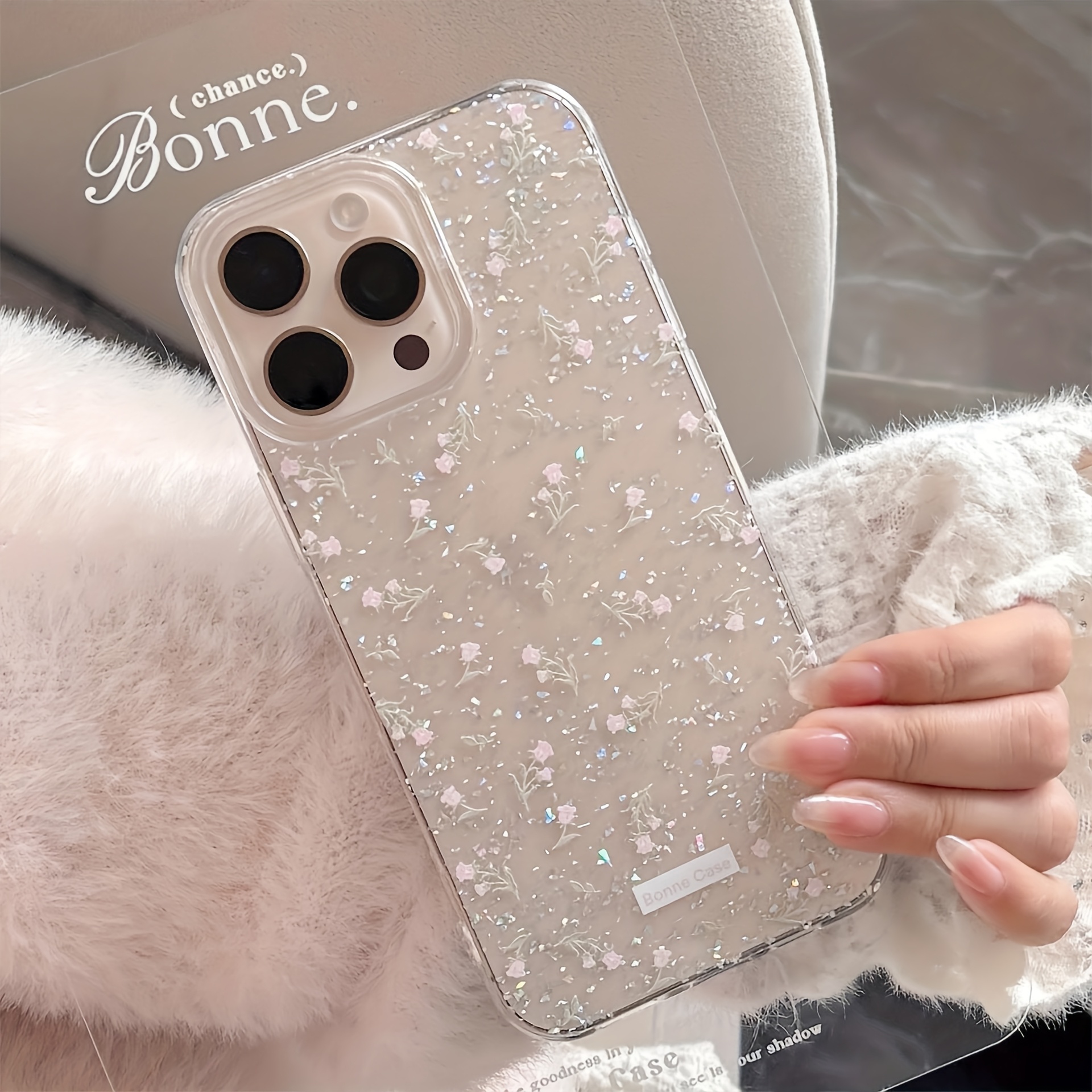 TEMU para teléfono: 1 de estilo coreano de fresca con transparente de rosas rosadas suaves con , cobertura total a prueba de caídas, adecuada para
