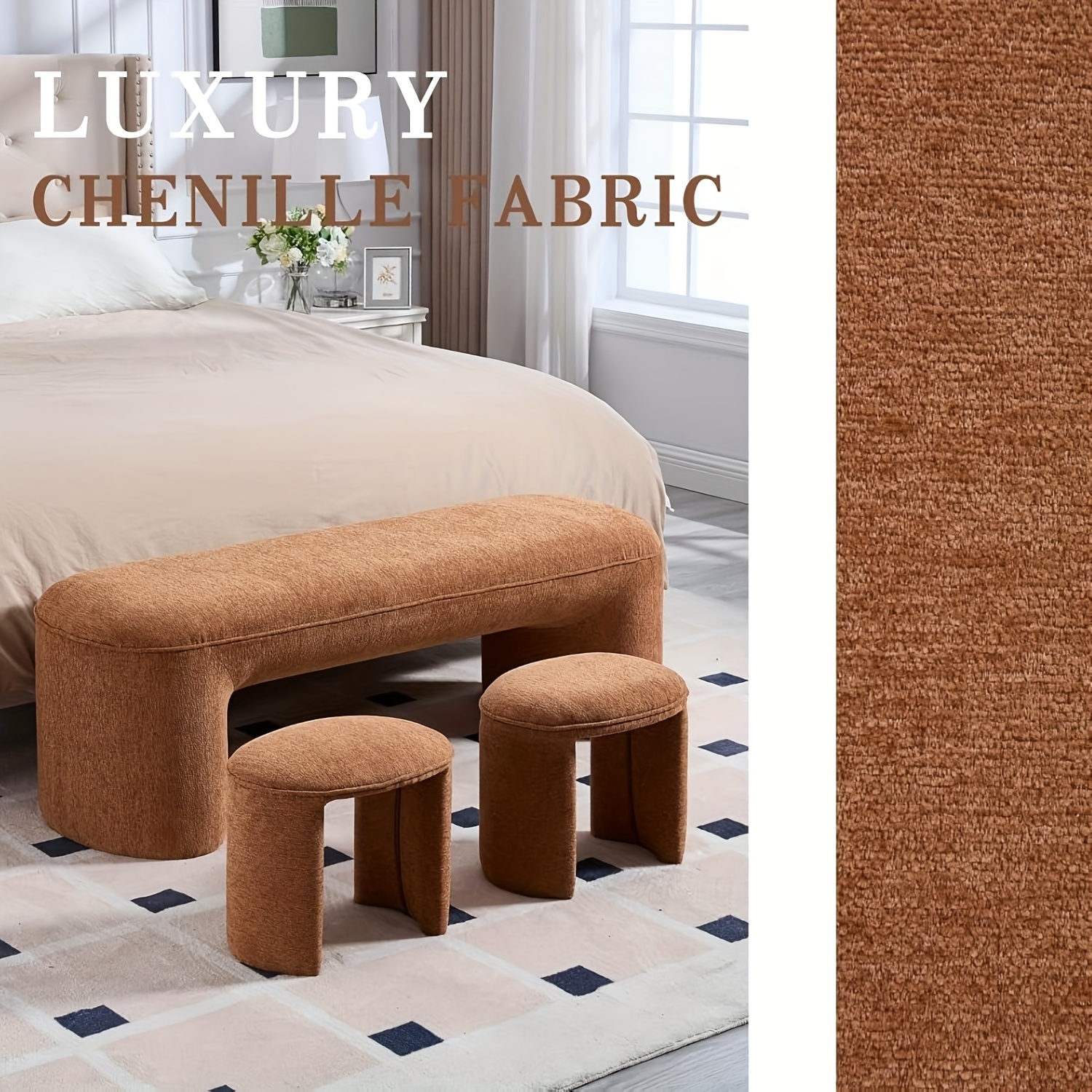 53 Inch Long Bedroom Bench with 2pcs Step Stools, Nesting Ottoman Bench Set, Padded End Of Bed Bench Modern Upholstered Bench for Living Room, Entry, Porch