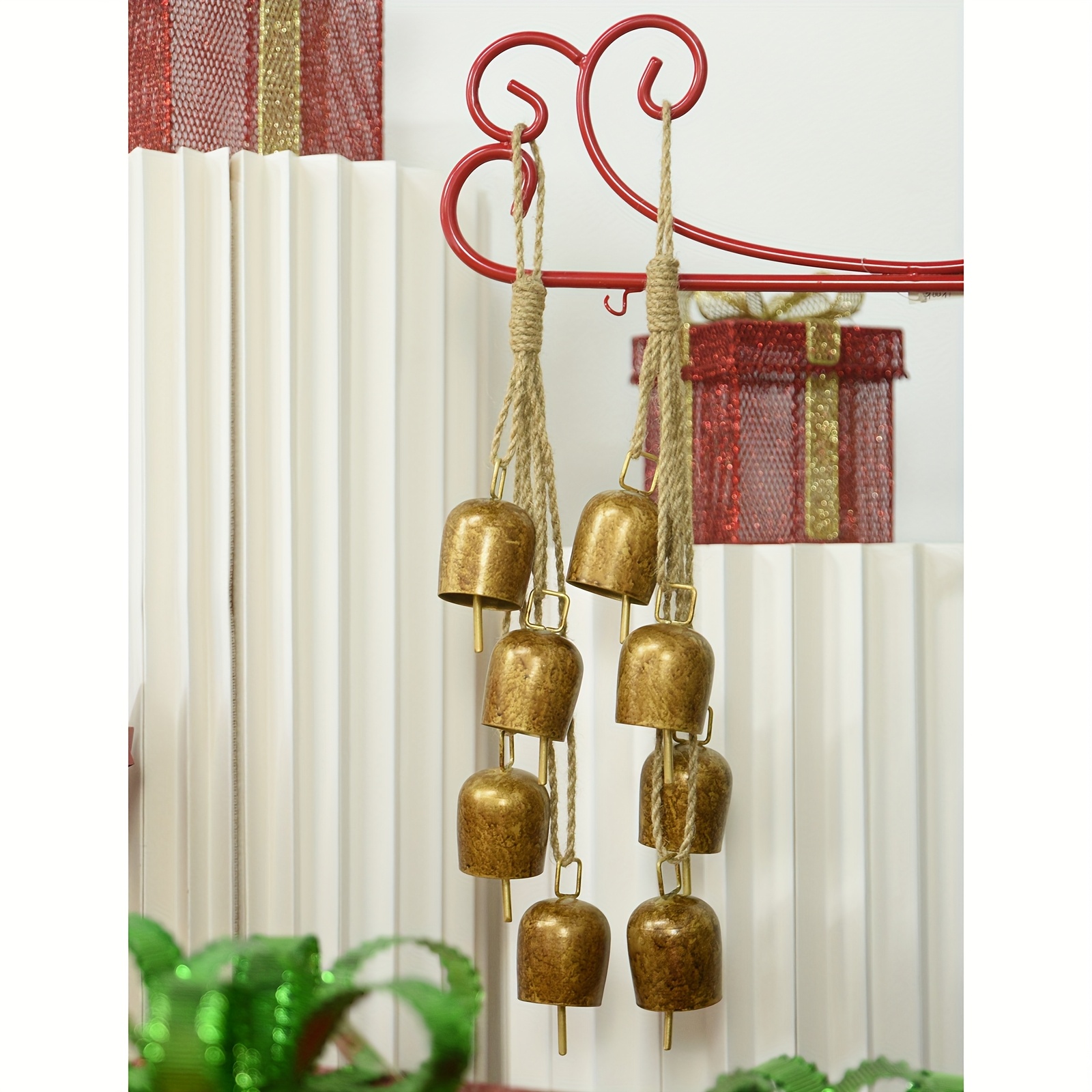 

2-pack Antique Golden Metal Bell Ornaments With Jute Rope, Classic Cow Bells For Christmas Tree, Party And Wedding Decor, Metal Construction