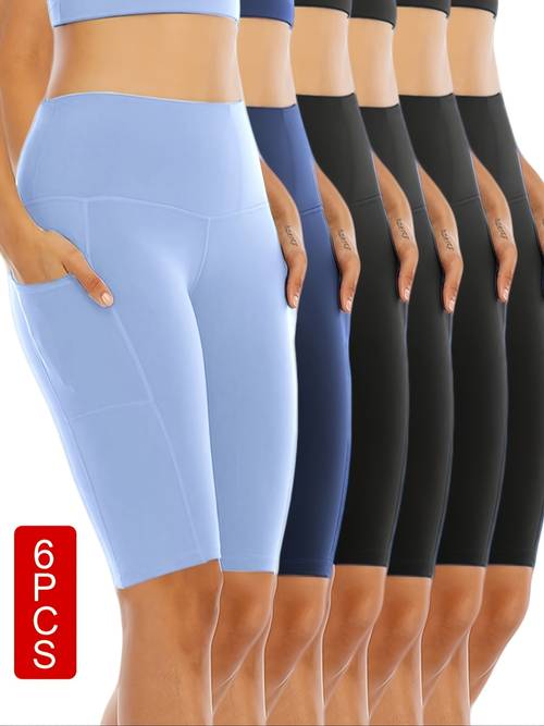 6pcs set of womens cycling shorts with pockets high waist belly closing exercise yoga tennis shorts large size sports shorts