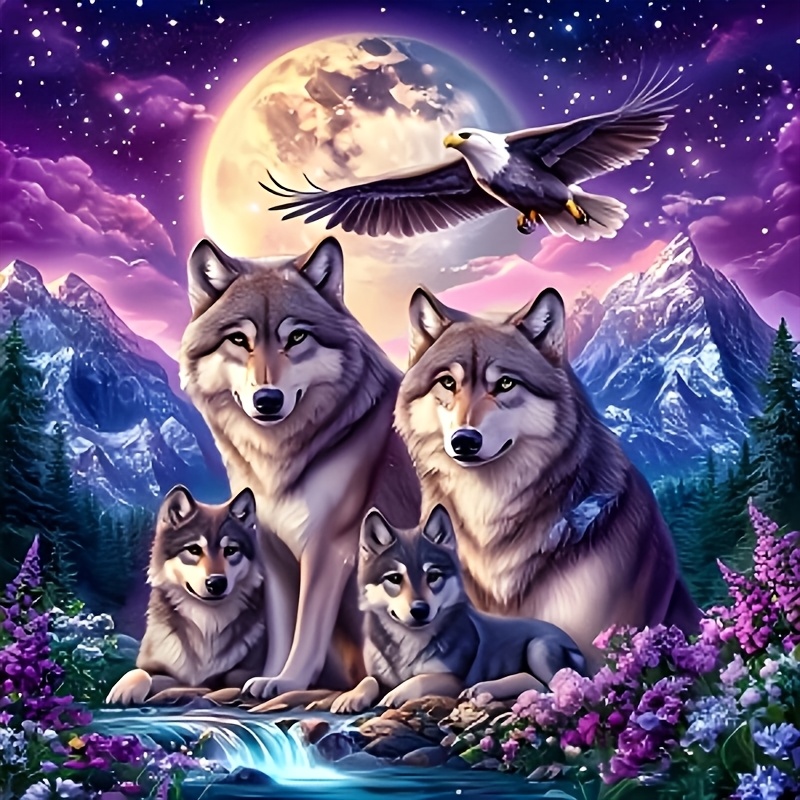 TEMU Kit de peinture diamant 5D, Famille de Aigle à tête chauve Montagne Forêt Paysage de nuit, Décoration murale diamant cadre 20X20Cm 30X30Cm
