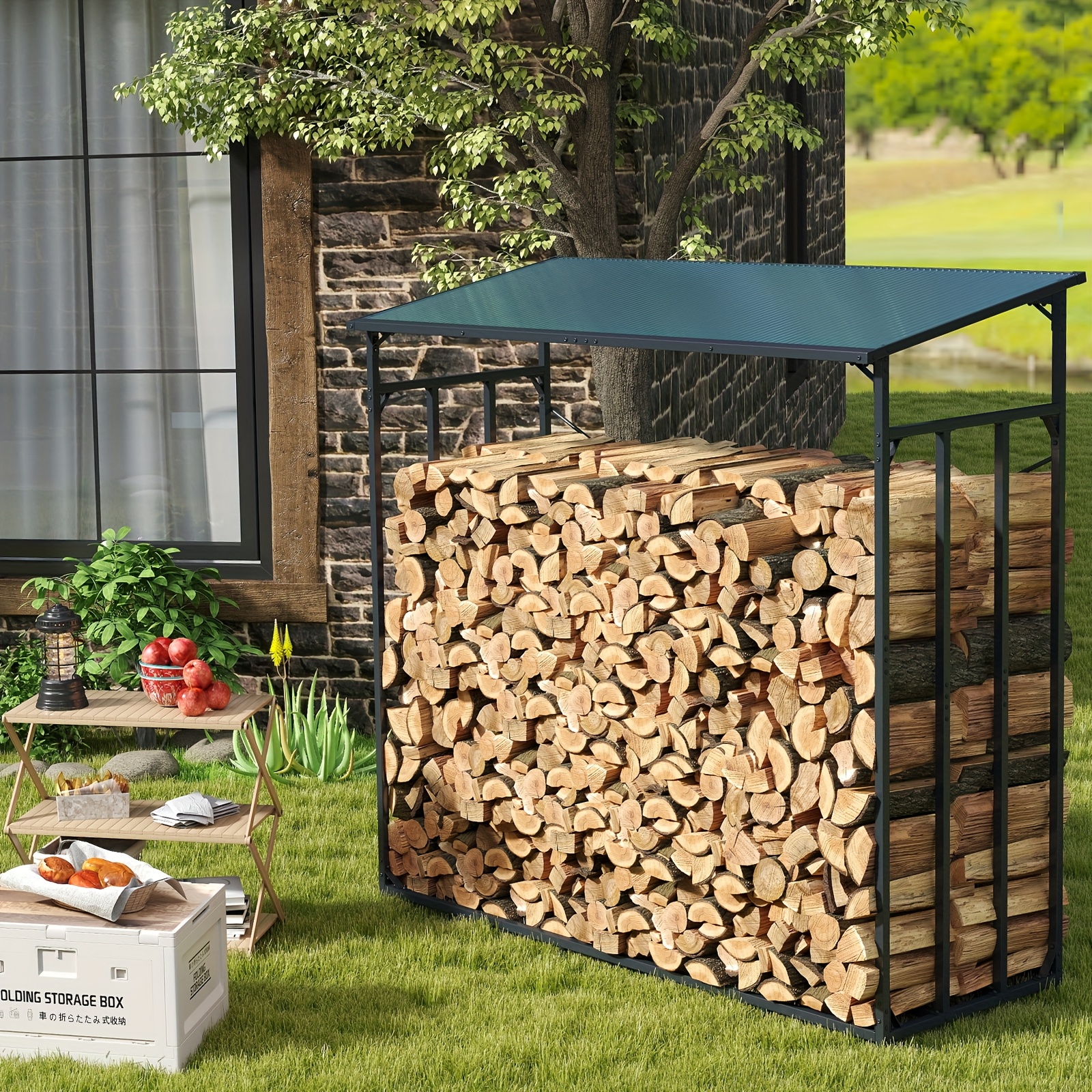 Image of Outdoor Firewood Rack, 185 X 70 X 185 Cm, Metal Firewood Rack, 3.3 Srm/ 2.3 M³ Firewood Storage, Galvanised Wood Shelter For Outdoor Firewood