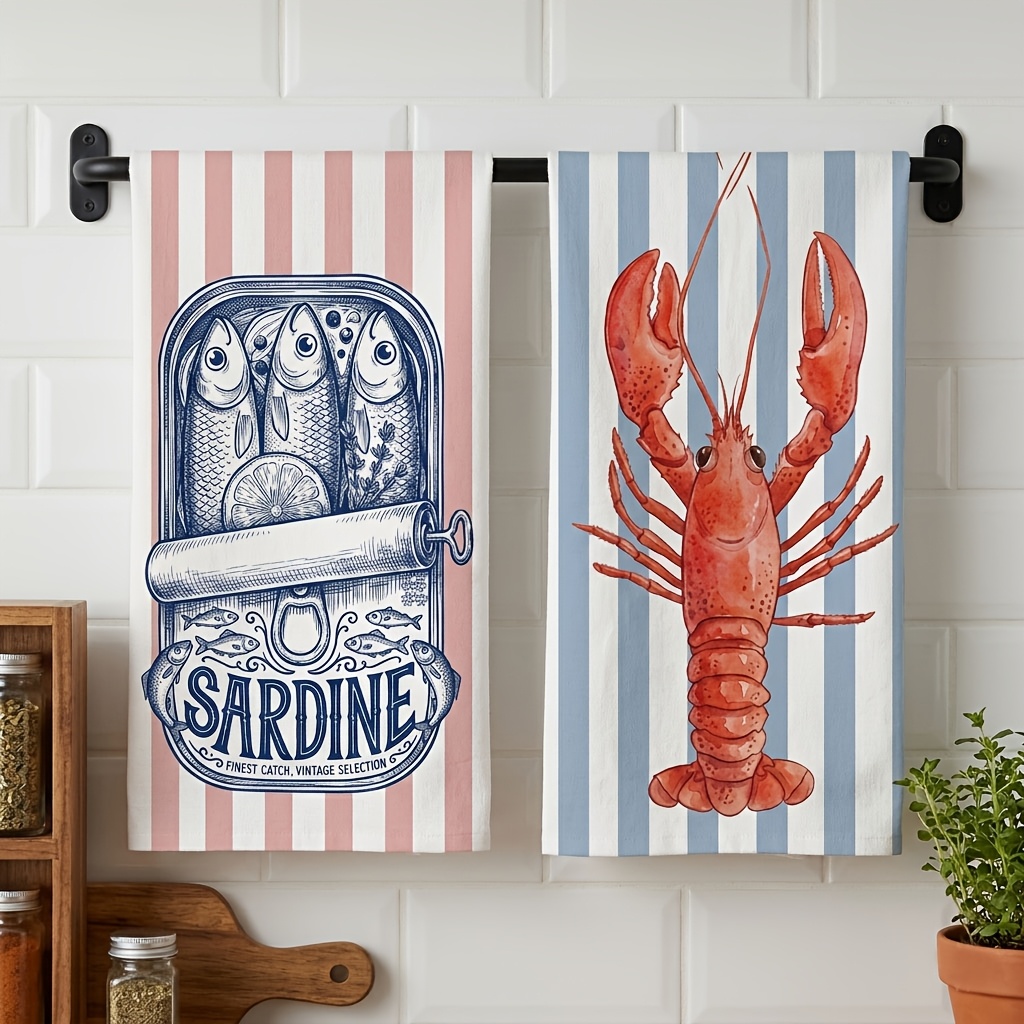 TEMU 2 paños de cocina vintage de langosta y , paños de microfibra súper absorbentes para secar platos, paños de bar decorativos a rayas, decoración