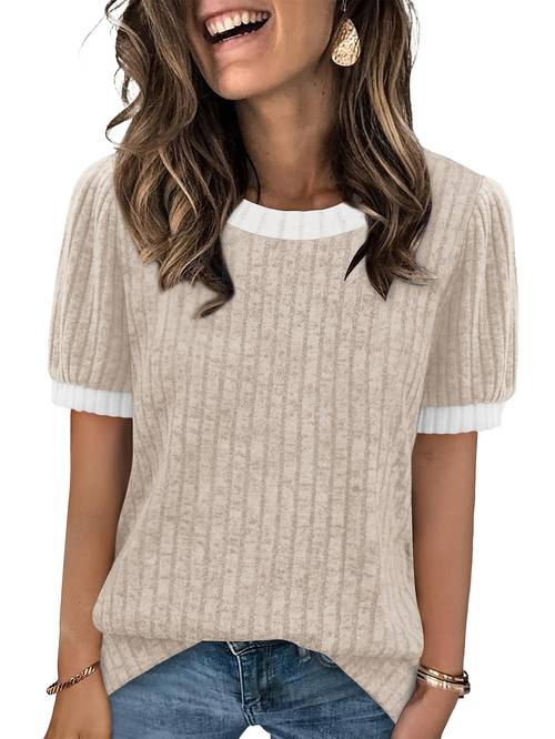 3-teiliges Damenmode Freizeit Basic Shirt Set Elegantes Rundhals Color Block T-Shirt Locker Kurzarm Pullover Top