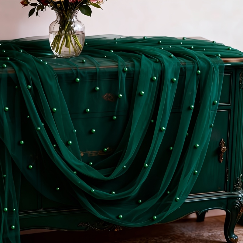 TEMU Dark Green Tulle Fabric With Pearl Accents - Semi-transparent Pearl Mesh Suitable For Decorating Wedding Ceremony Chairs, Stair Railings, Party